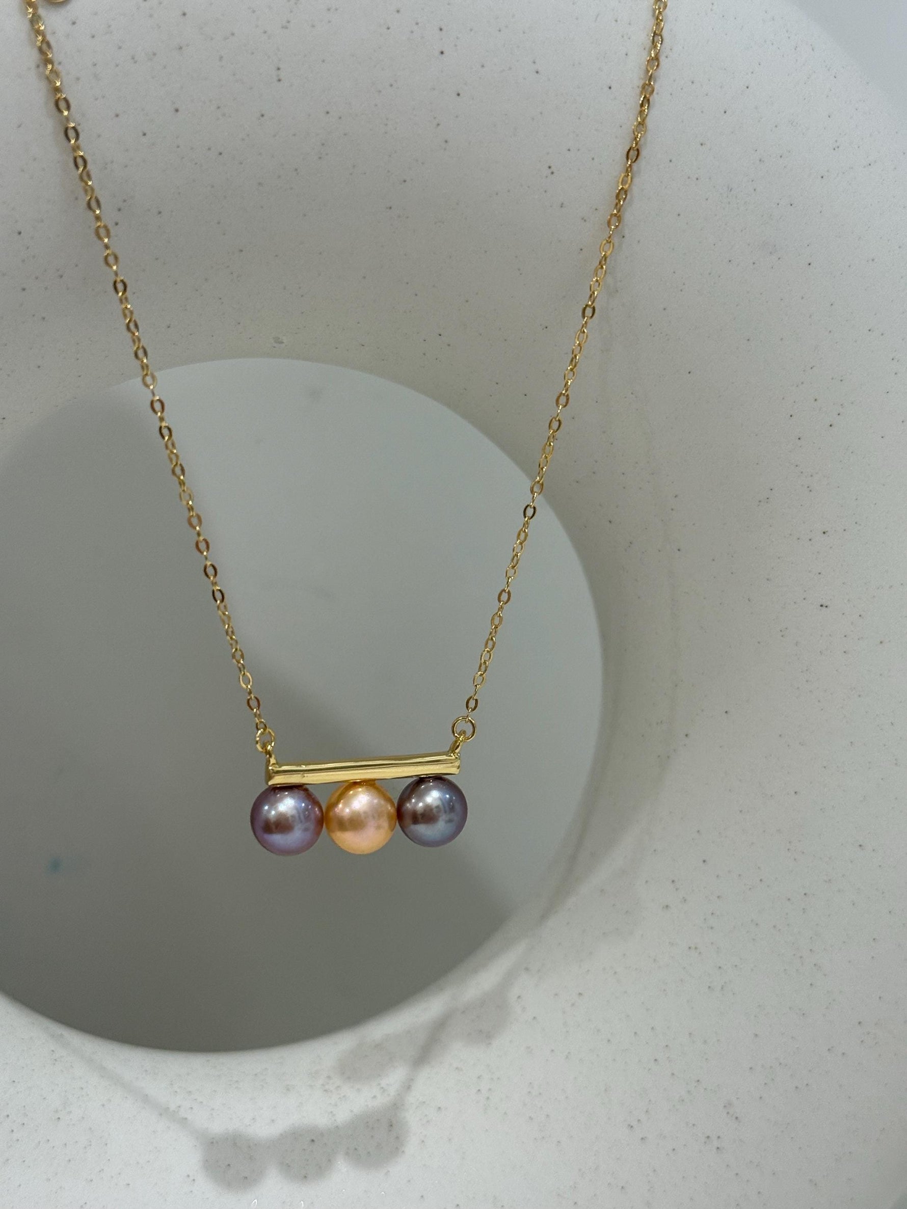 peach purple lavender tri  freshwater pearls s925 silver balancing pendant necklace set for her anniversary