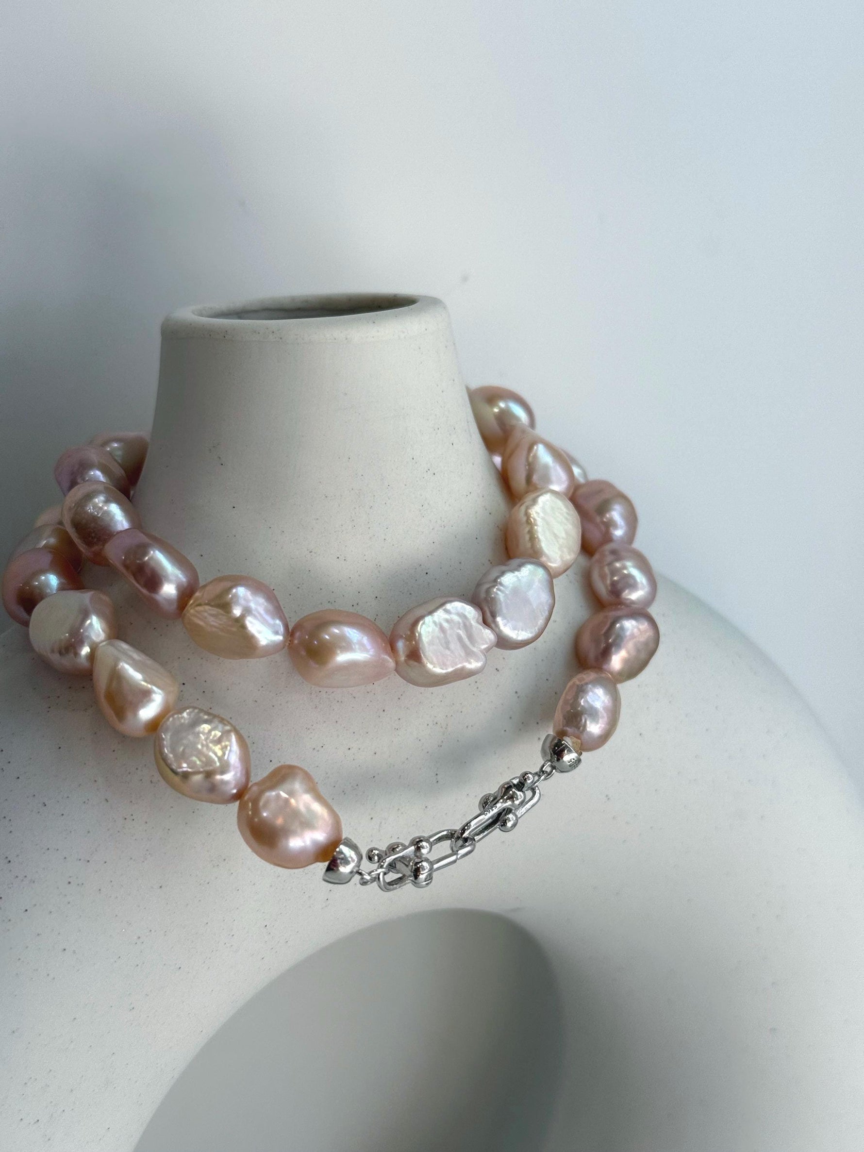 freshwater pink rose stone keshi round button pearls s925 silver necklace strand for her daily wear