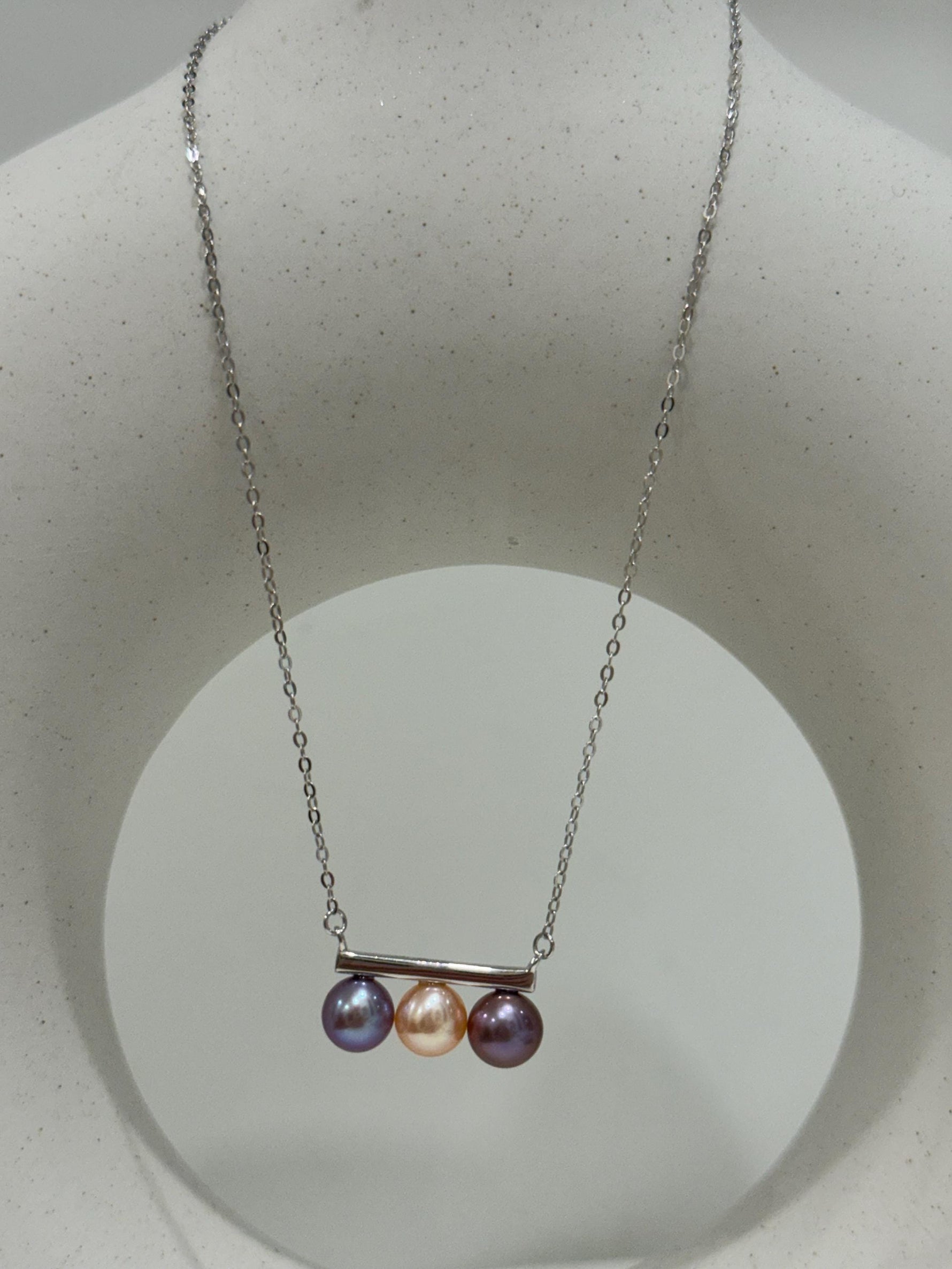 affordable tri pearls freshwater peach purple lavender pearls s925 silver balancing pendant necklace set for her