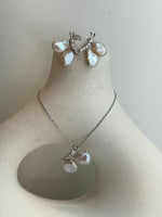 white iridescent petal Keshi pearls s925 silver butterfly earrings necklace pendant set for her daily wear