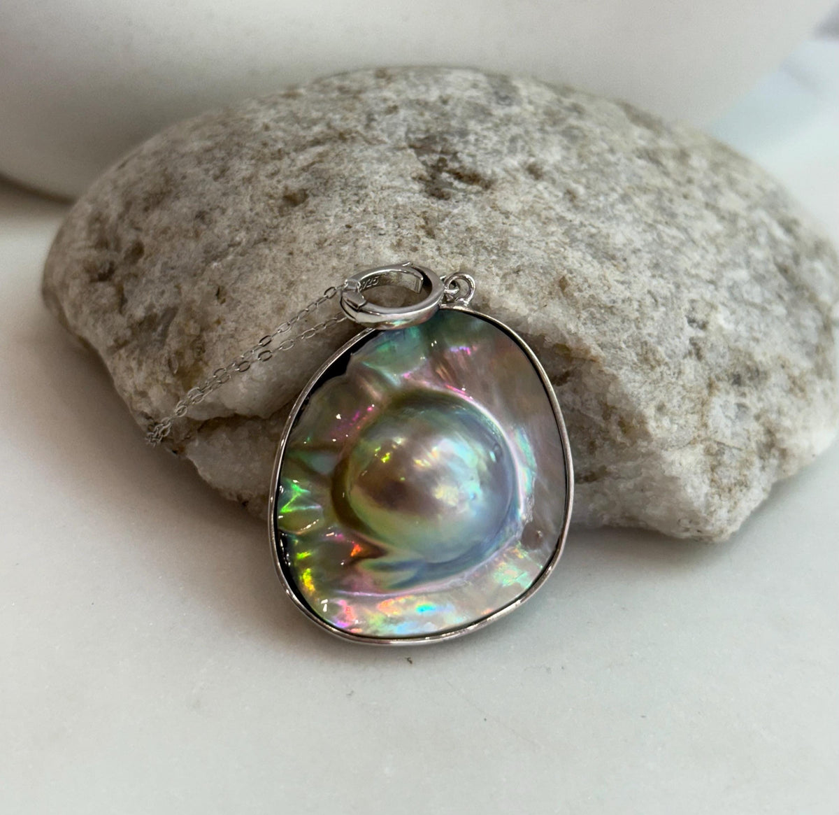 Australian Ocean Metallic rainbow Mabe Pearl s925 silver pendant necklace set for her engagement