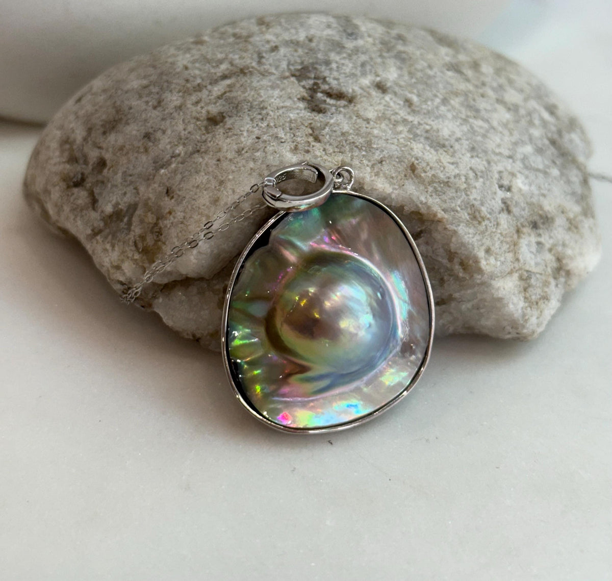 Australian Ocean Metallic rainbow Mabe Pearl s925 silver pendant necklace set for her birthday