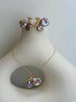 metallic pink rose lavender Keshi pearls s925 silver butterfly earrings pendant necklace set for her holiday wear