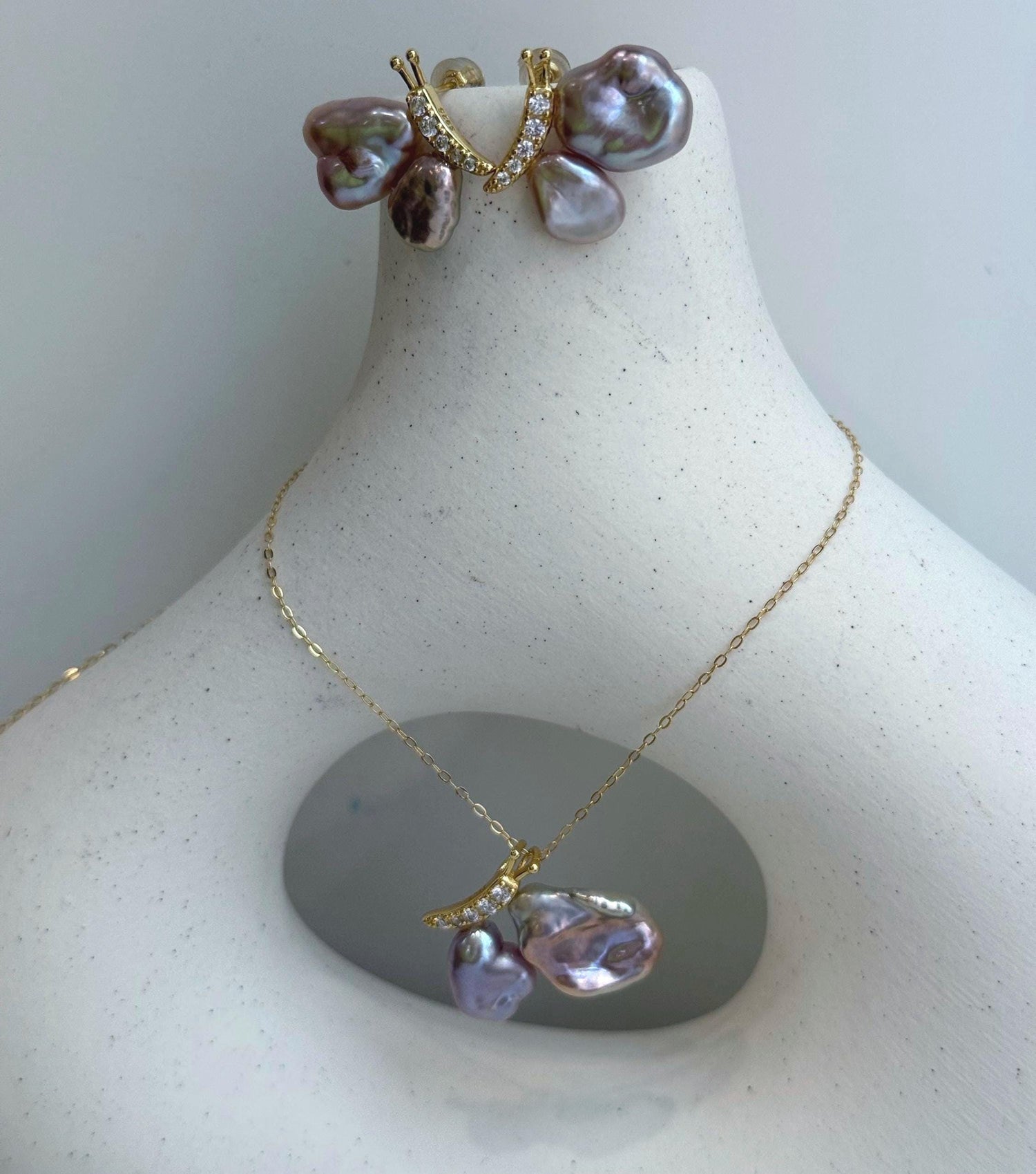 metallic pink rose lavender Keshi pearls s925 silver butterfly earrings pendant necklace set for her birthday