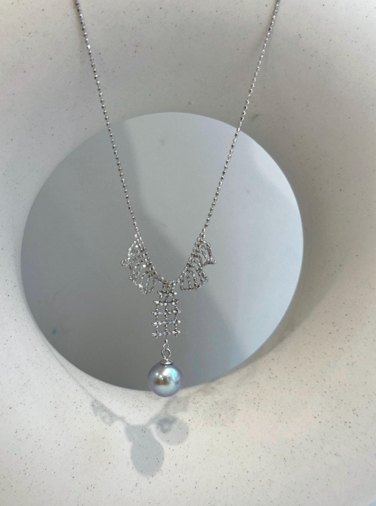 blue silver Akoya ocean Pearl s925 silver lace necklace set for her daily wear