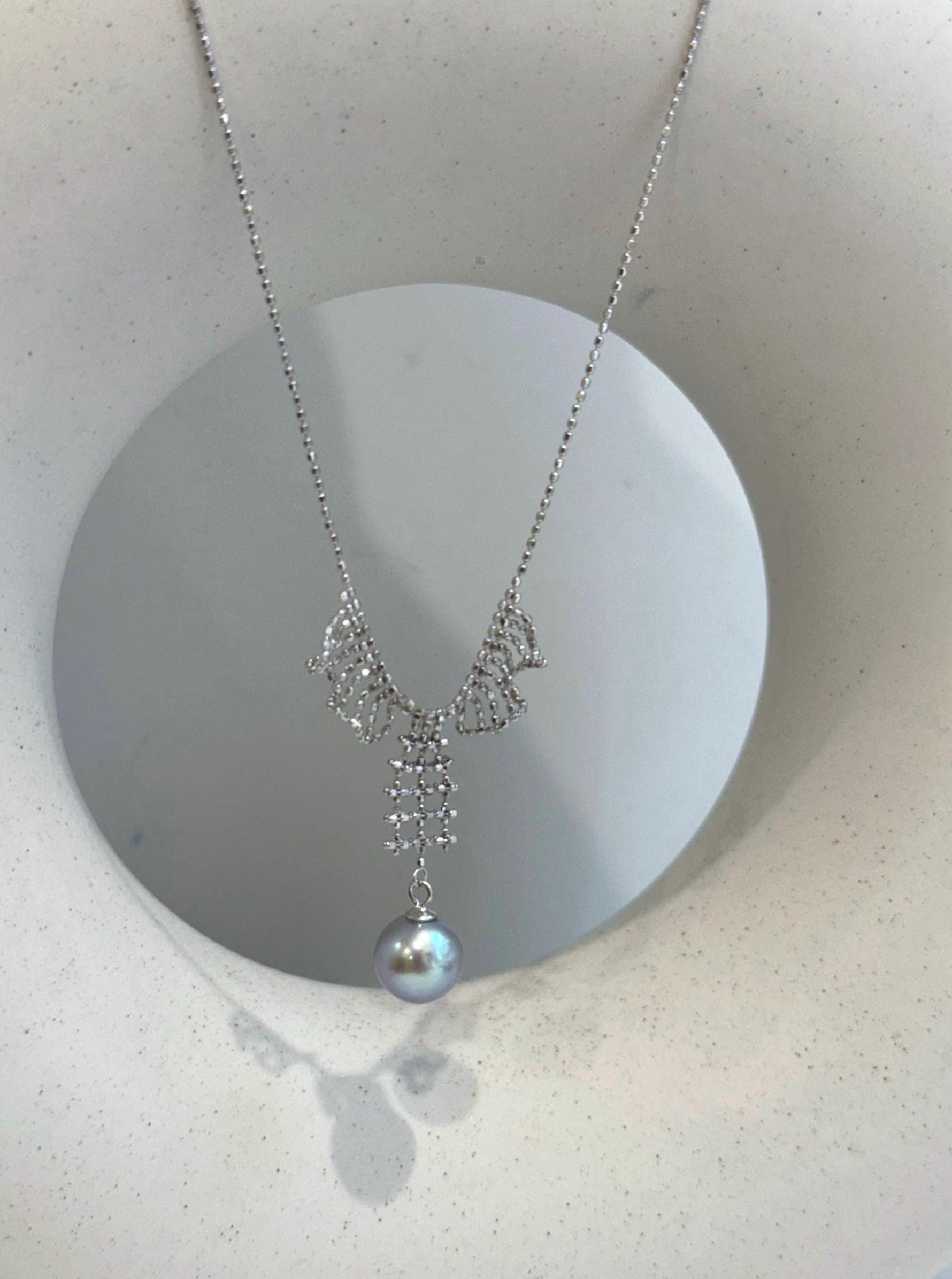 blue silver Akoya ocean Pearl s925 silver lace necklace set for her daily wear