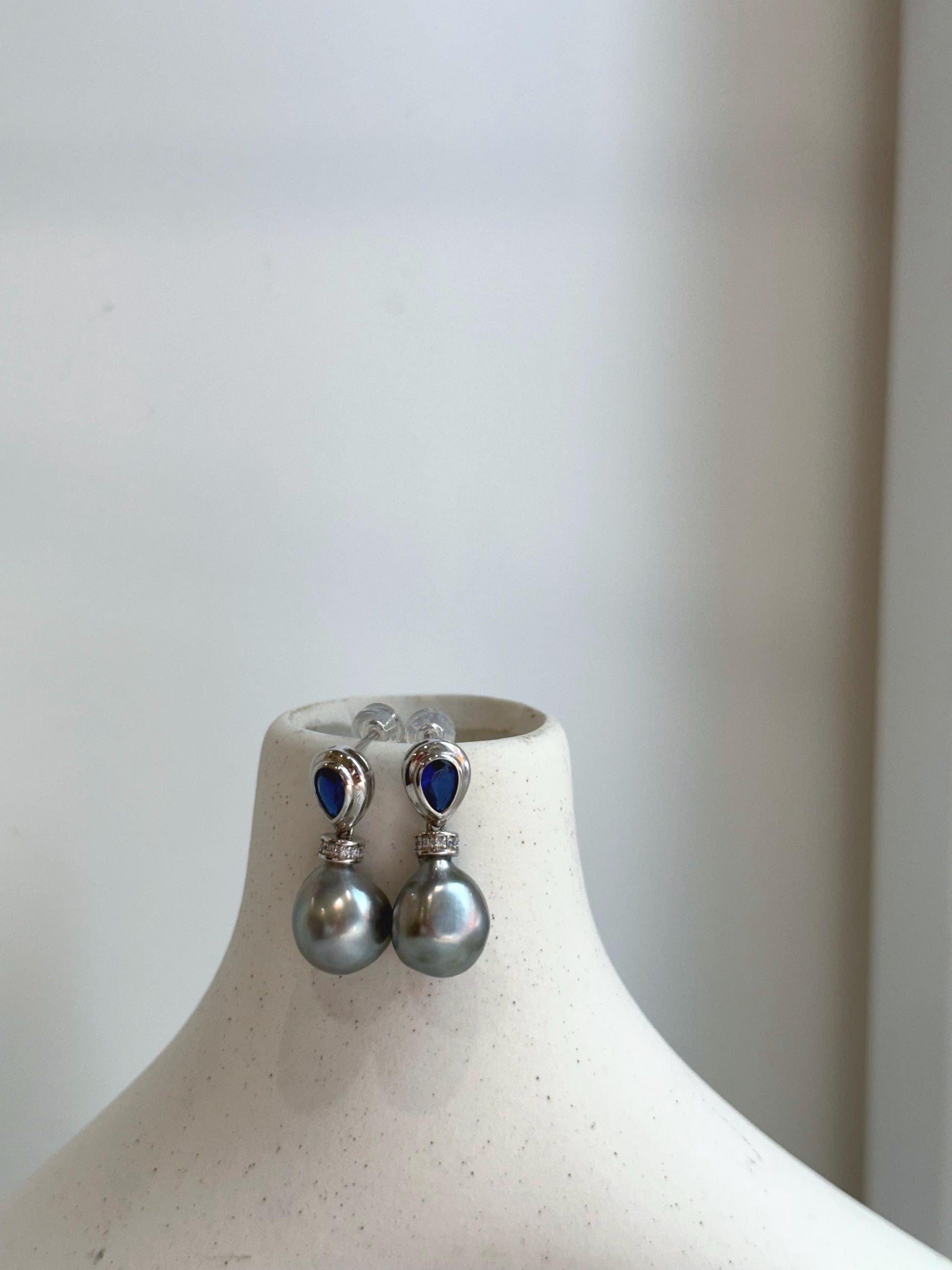 Tahitian platinum Keshi pearls s925 silver blue zircon cool earrings for her anniversary