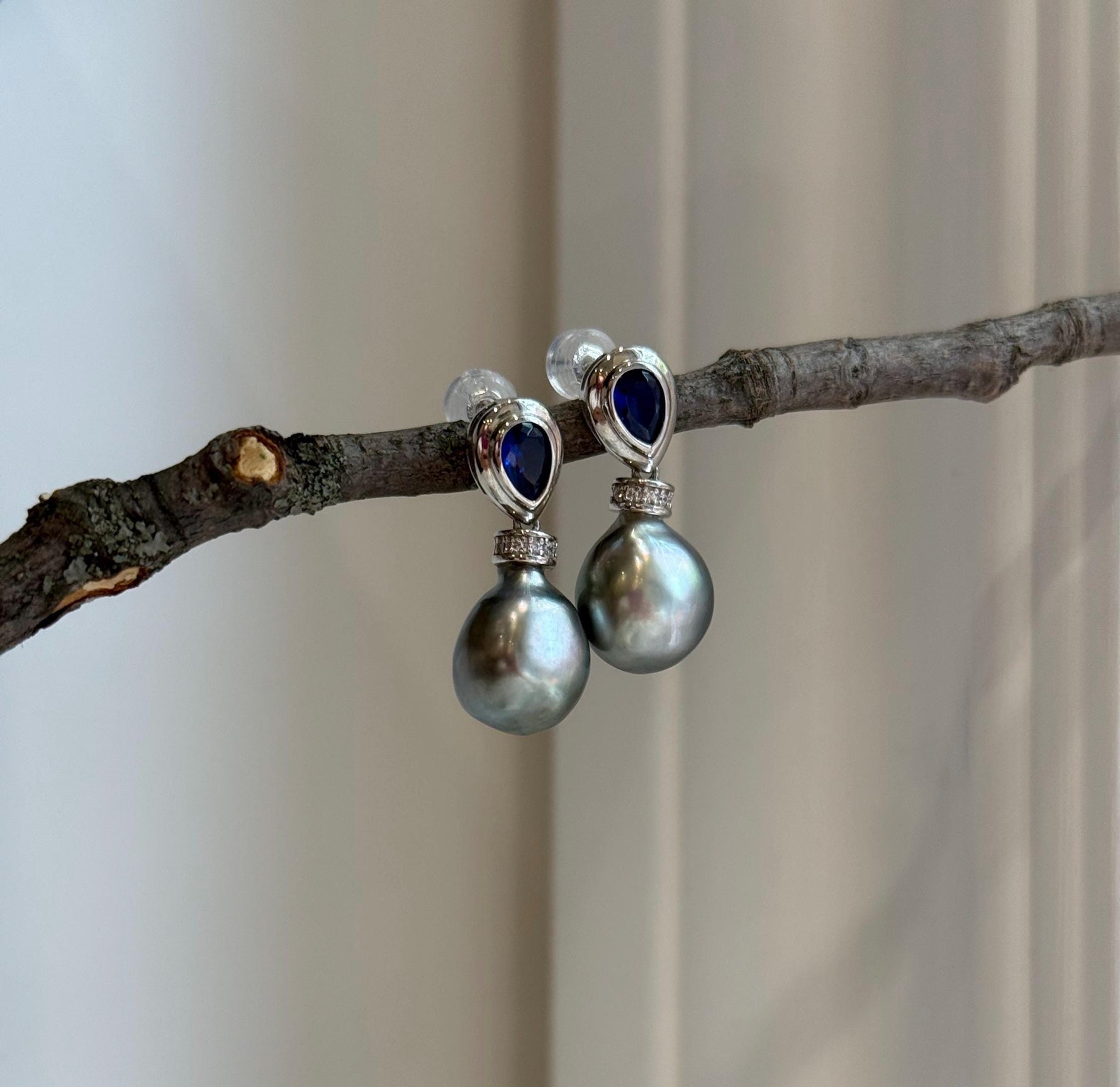 Tahitian platinum Keshi pearls s925 silver blue zircon cool earrings for her