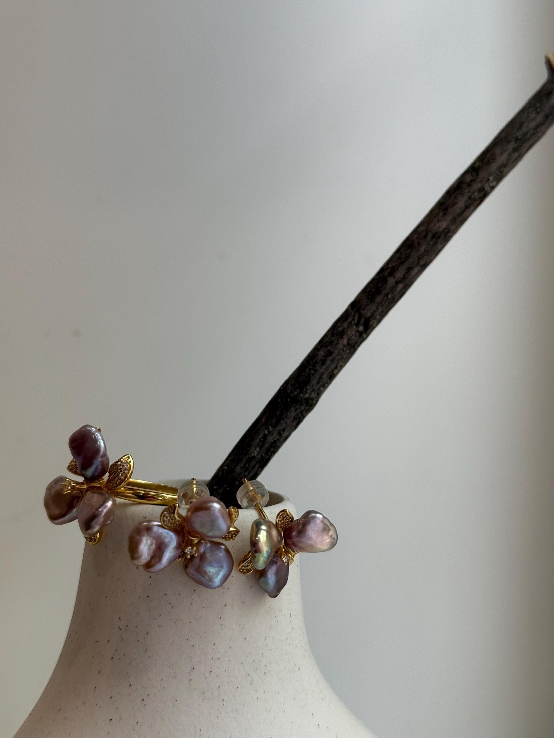 metallic pink rose Keshi pearls s925 silver earrings ring set for her graduation