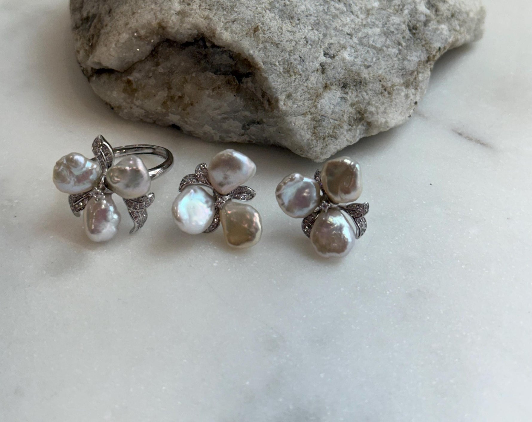white iridescent Keshi pearls s925 silver floral earrings ring set for her birthday graduation