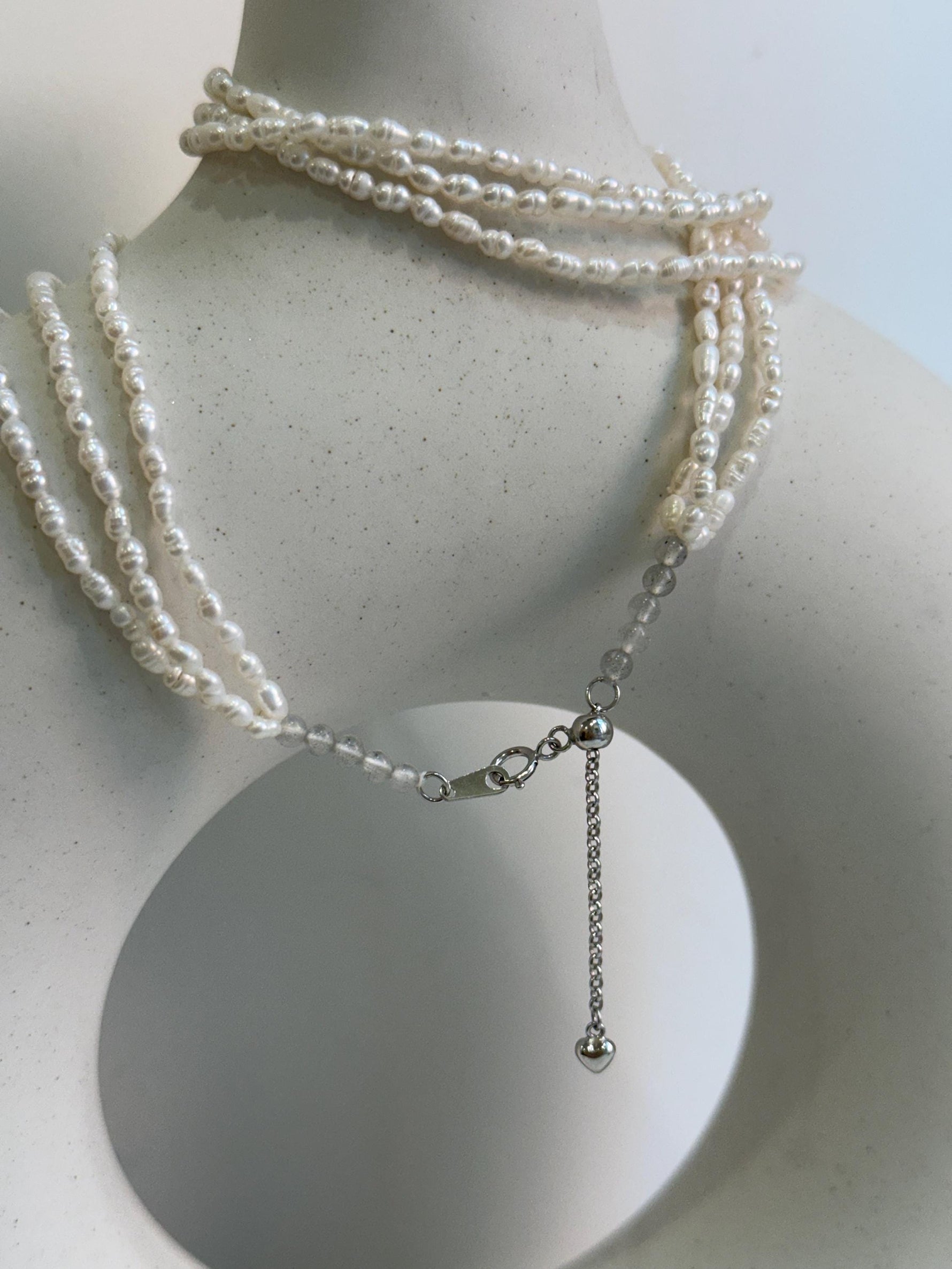 3-layers white freshwater Keshi small rice pearls s925 silver necklace strand for her holiday wear