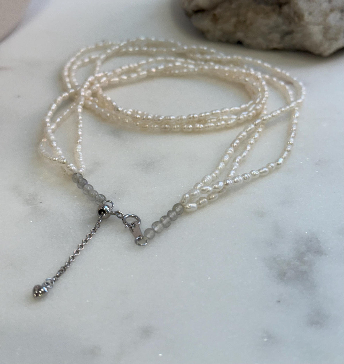 3-layers white freshwater Keshi small rice pearls s925 silver necklace strand for her daily wear