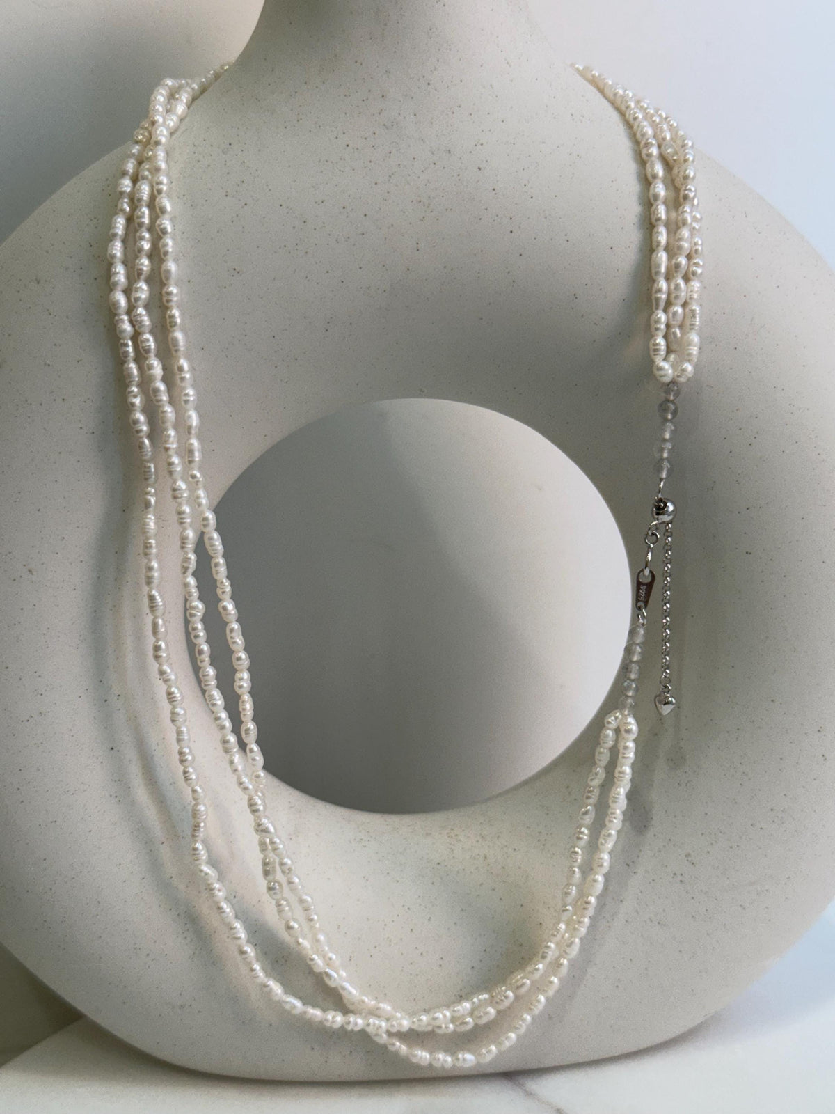 3-layers white freshwater Keshi small rice pearls s925 silver necklace strand for her wedding gift