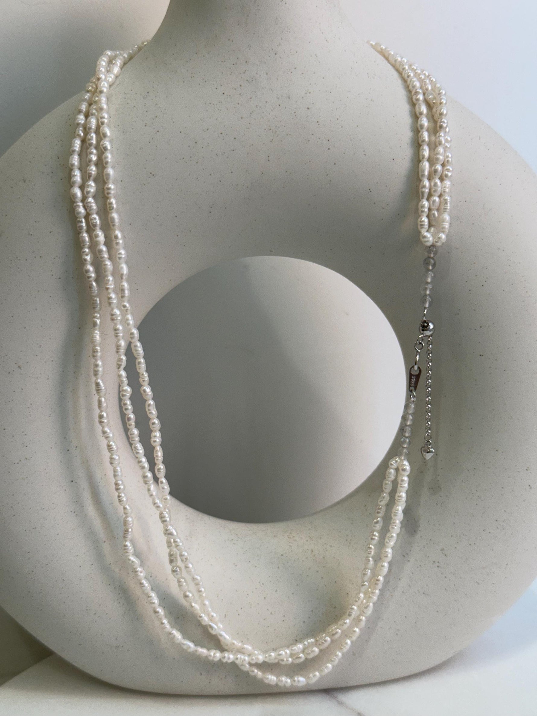 3-layers white freshwater Keshi small rice pearls s925 silver necklace strand for her wedding gift