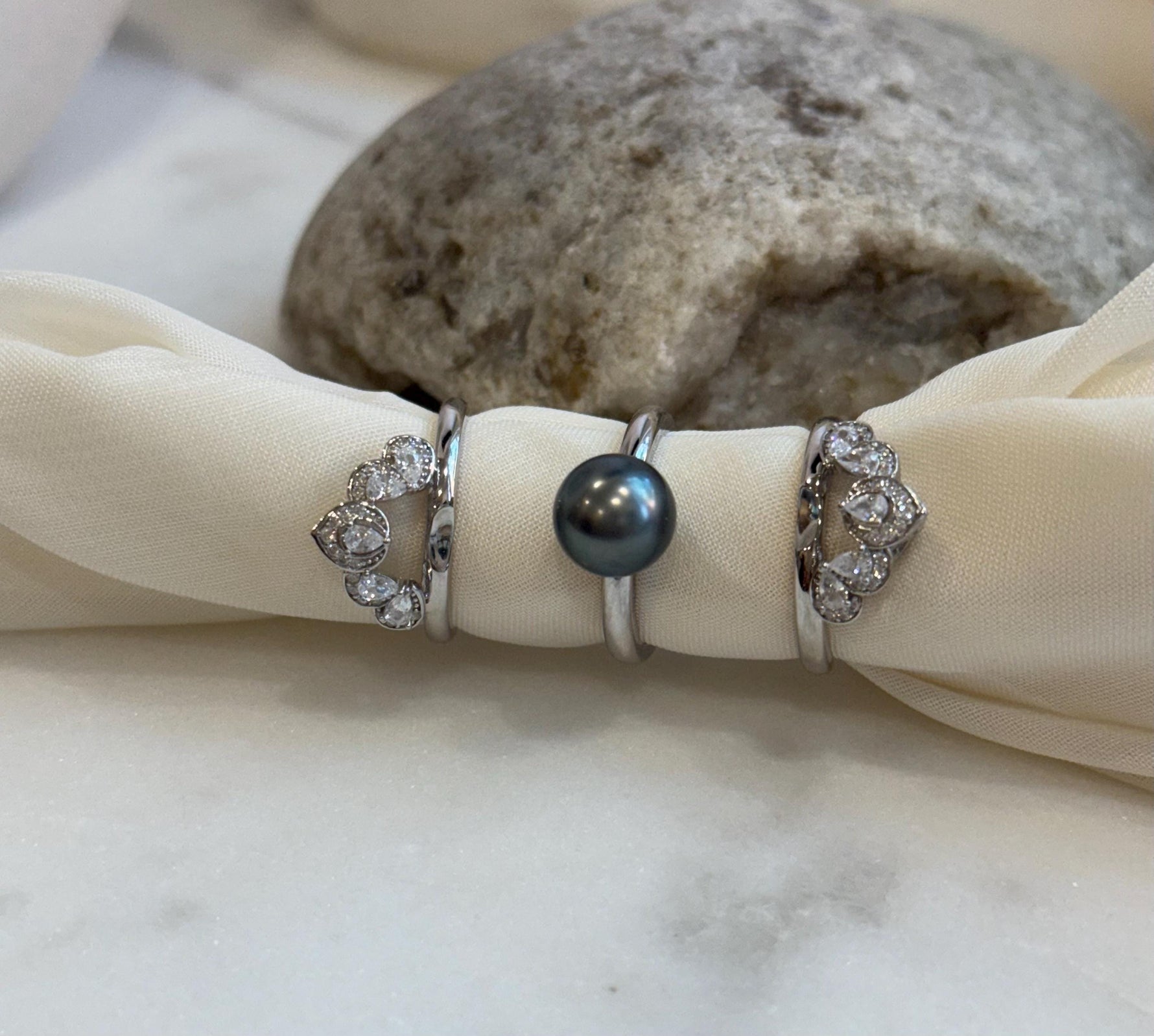 cheap Tahitian green Pearl s925 silver 3 rings into 1 set for her