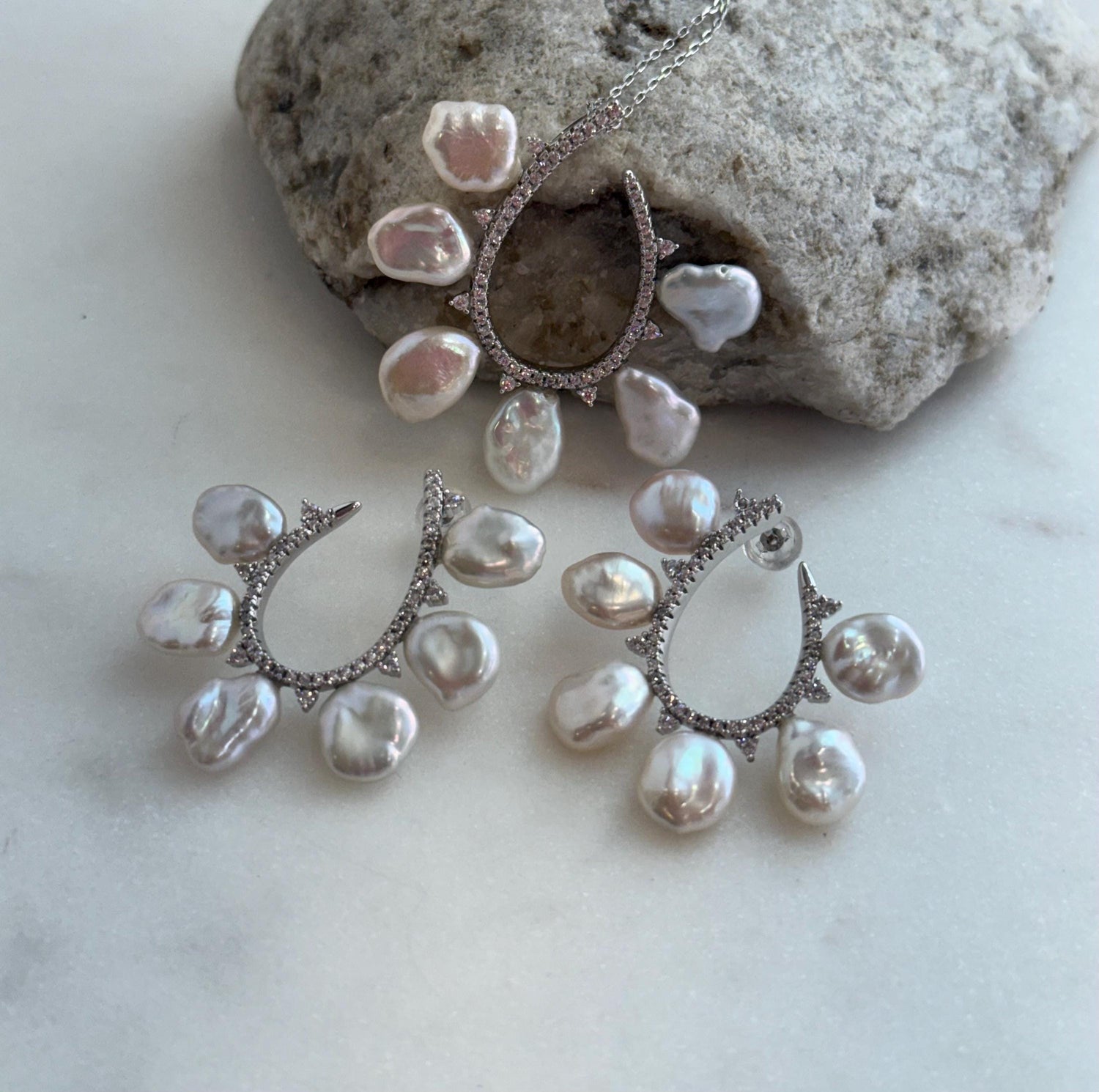 whole set white iridescent Keshi pearls s925 silver earrings pendant necklace set for her
