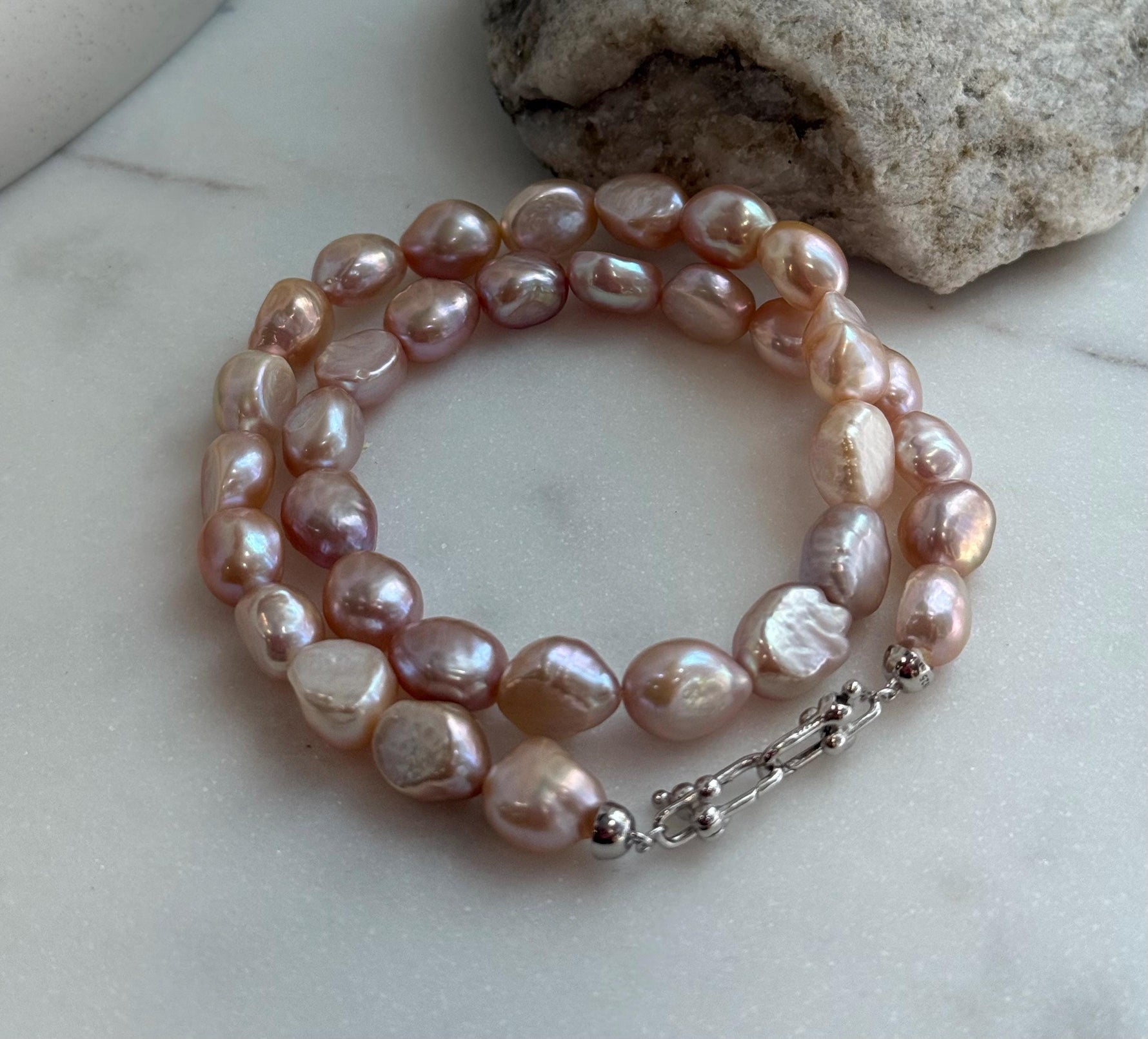 freshwater pink rose stone keshi round button pearls s925 silver necklace strand for her graduation