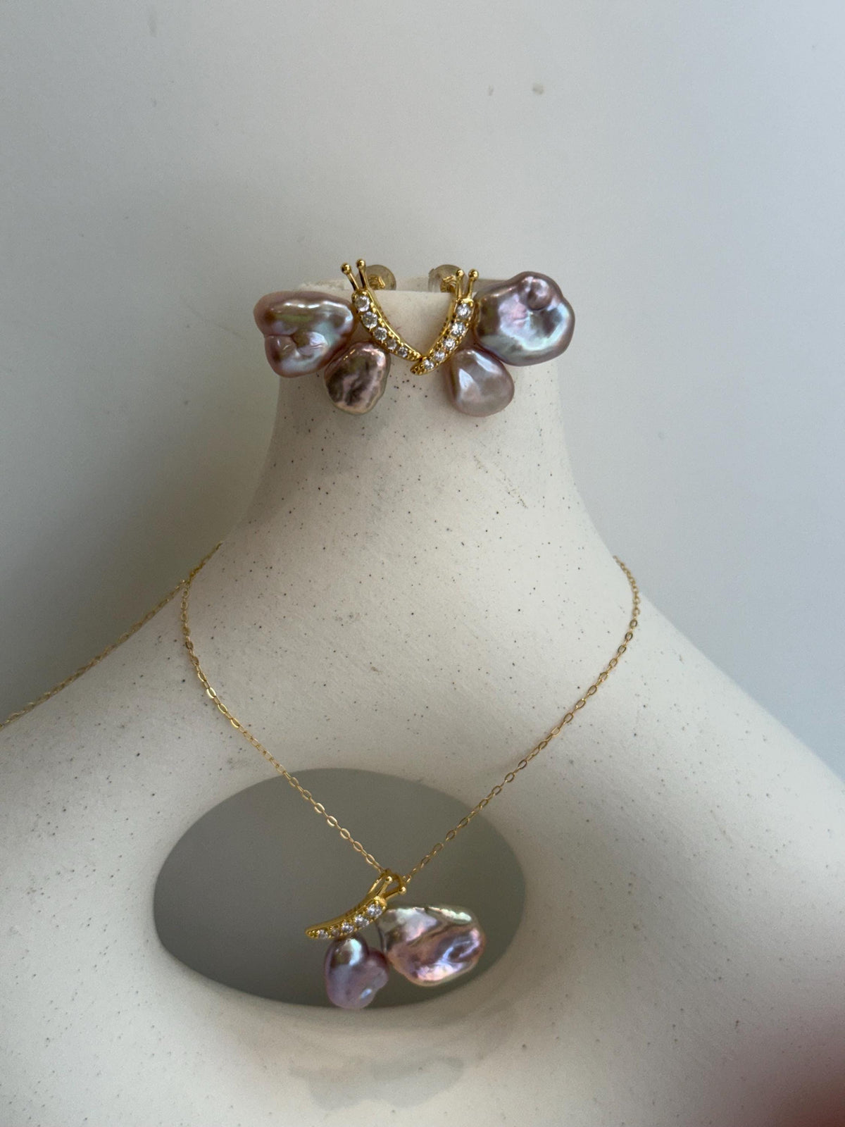 metallic pink rose lavender Keshi pearls s925 silver butterfly earrings pendant necklace set for her daily wear
