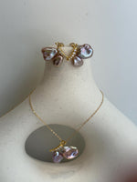 metallic pink rose lavender Keshi pearls s925 silver butterfly earrings pendant necklace set for her daily wear