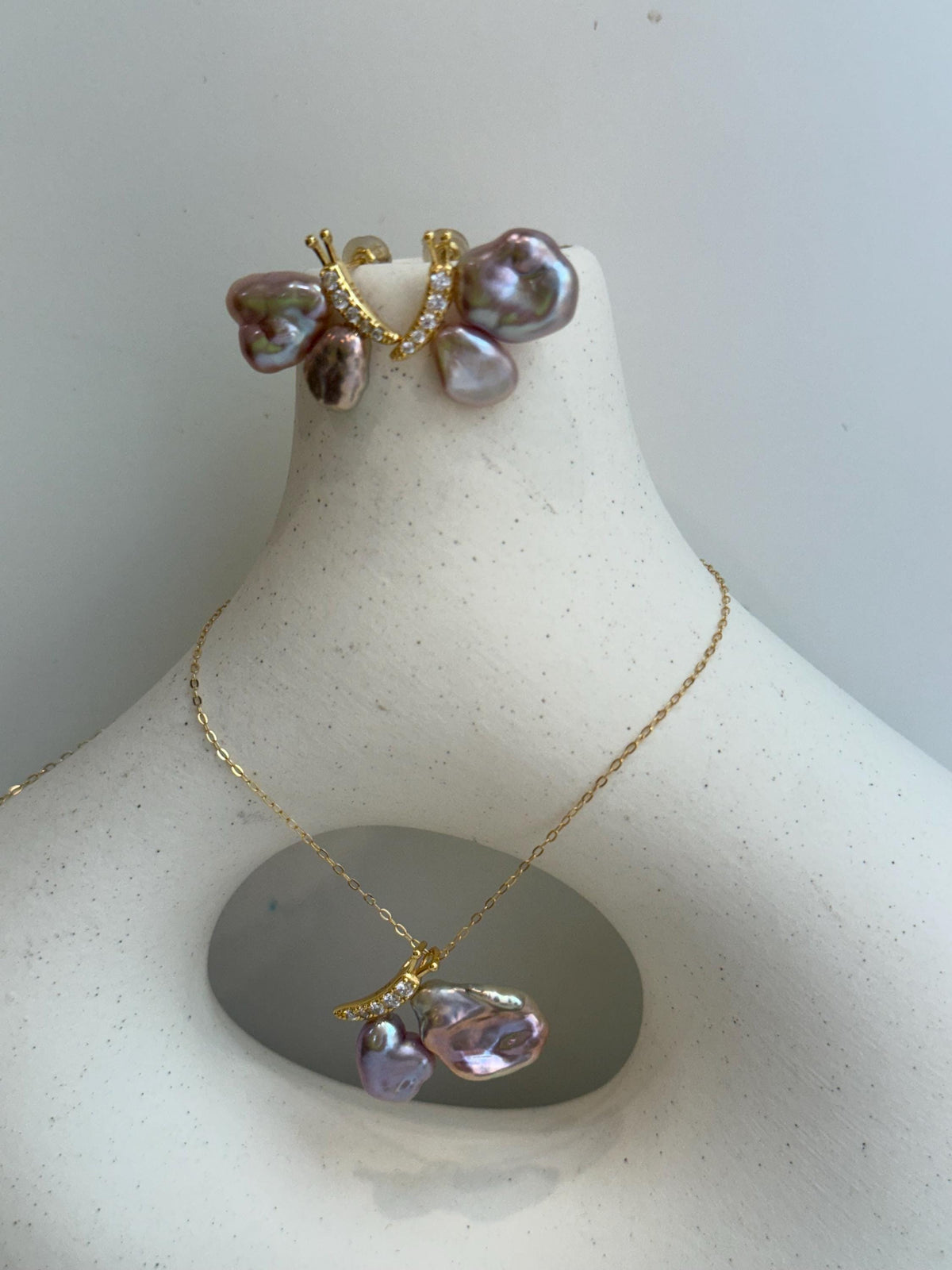 metallic pink rose lavender Keshi pearls s925 silver butterfly earrings pendant necklace set for her anniversary