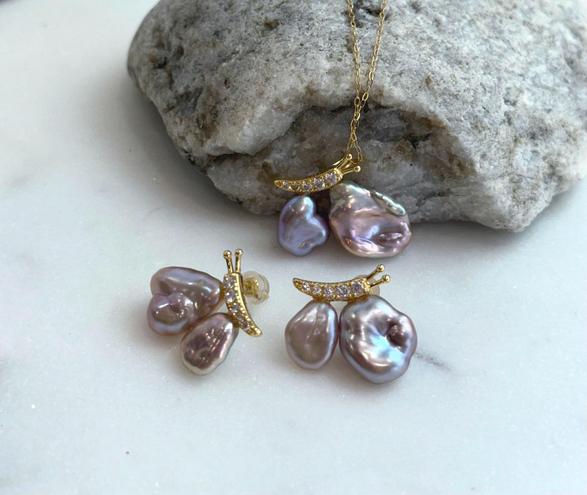 metallic pink rose lavender Keshi pearls s925 silver butterfly earrings pendant necklace set for her