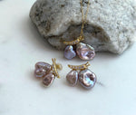 metallic pink rose lavender Keshi pearls s925 silver butterfly earrings pendant necklace set for her