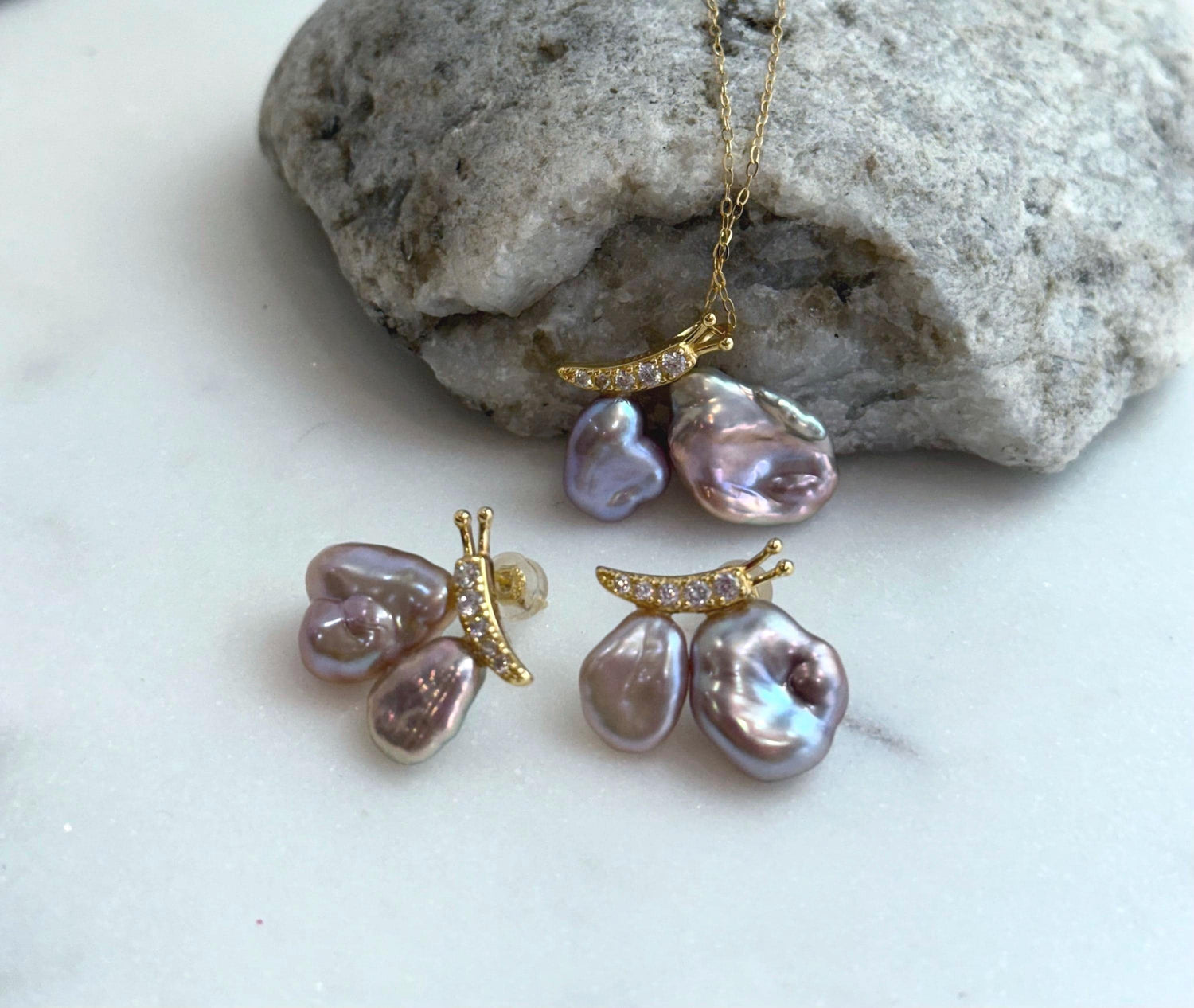 metallic pink rose lavender Keshi pearls s925 silver butterfly earrings pendant necklace set for her