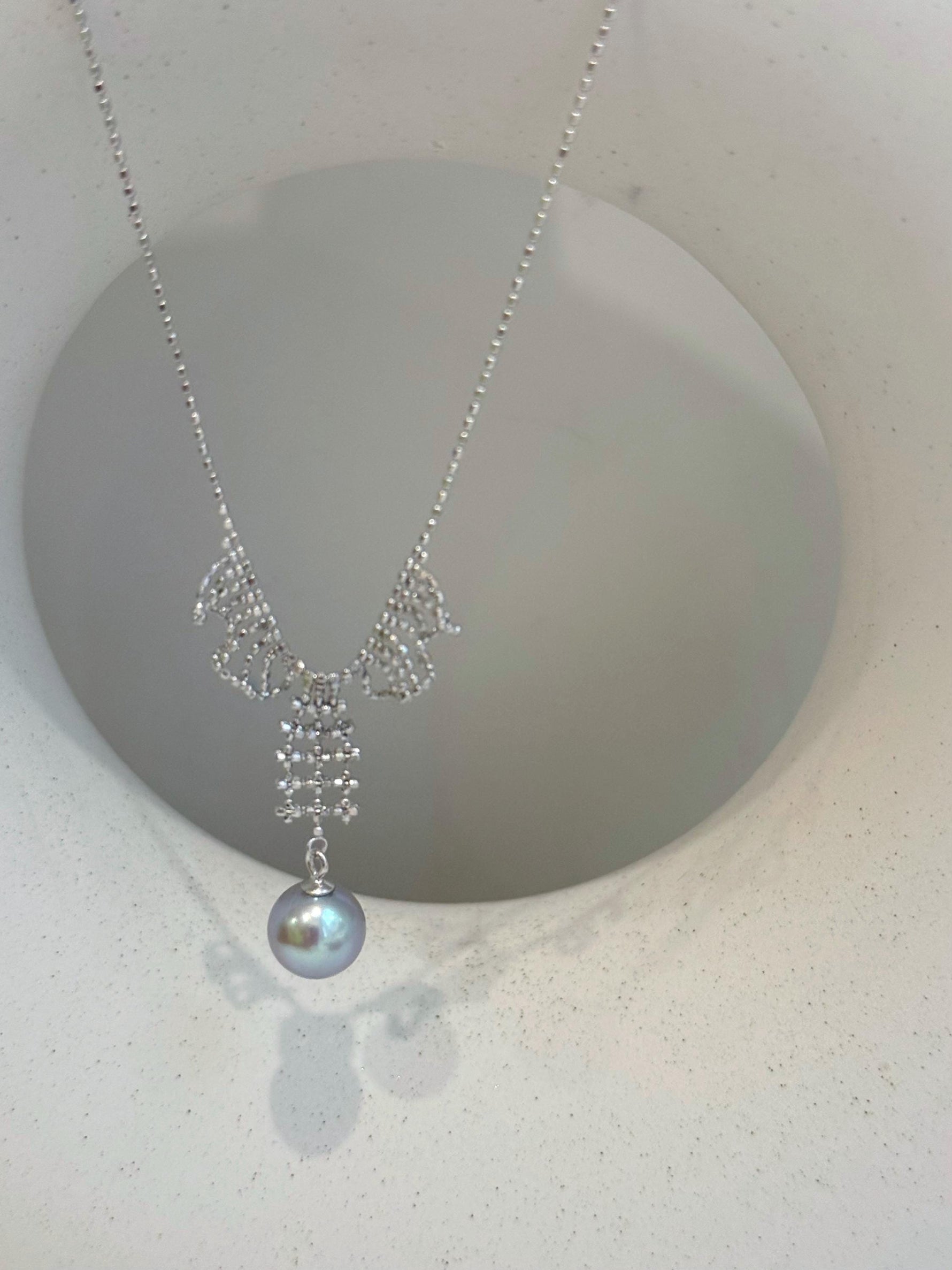 blue silver Akoya ocean Pearl s925 silver lace necklace set for her anniversary