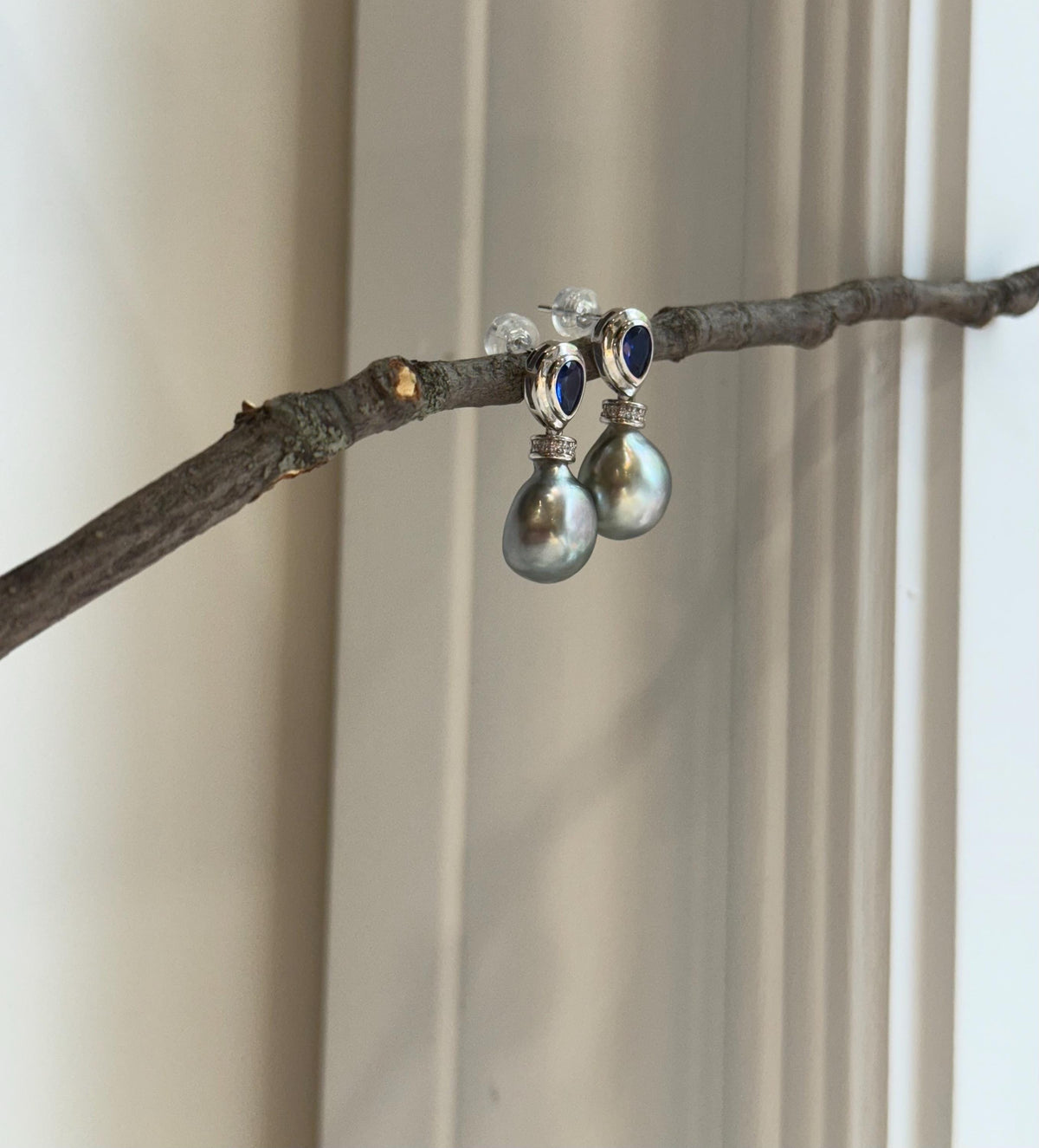 Tahitian platinum Keshi pearls s925 silver blue zircon cool earrings for her birthday