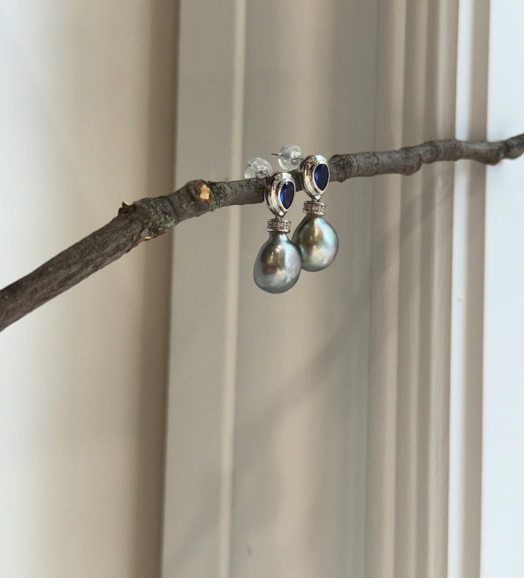 Tahitian platinum Keshi pearls s925 silver blue zircon cool earrings for her birthday