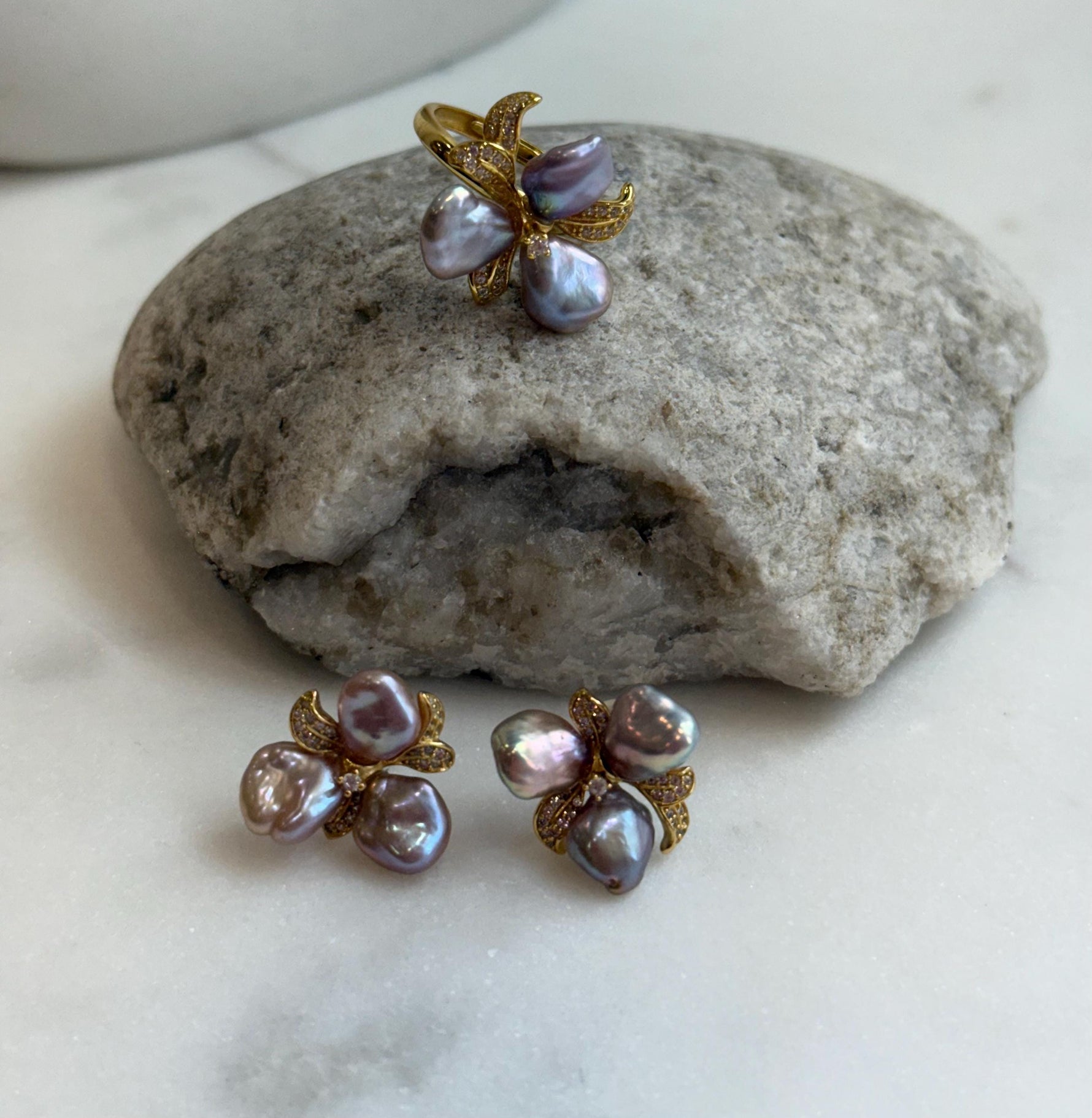 affordable metallic pink rose Keshi pearls s925 silver earrings ring set for her