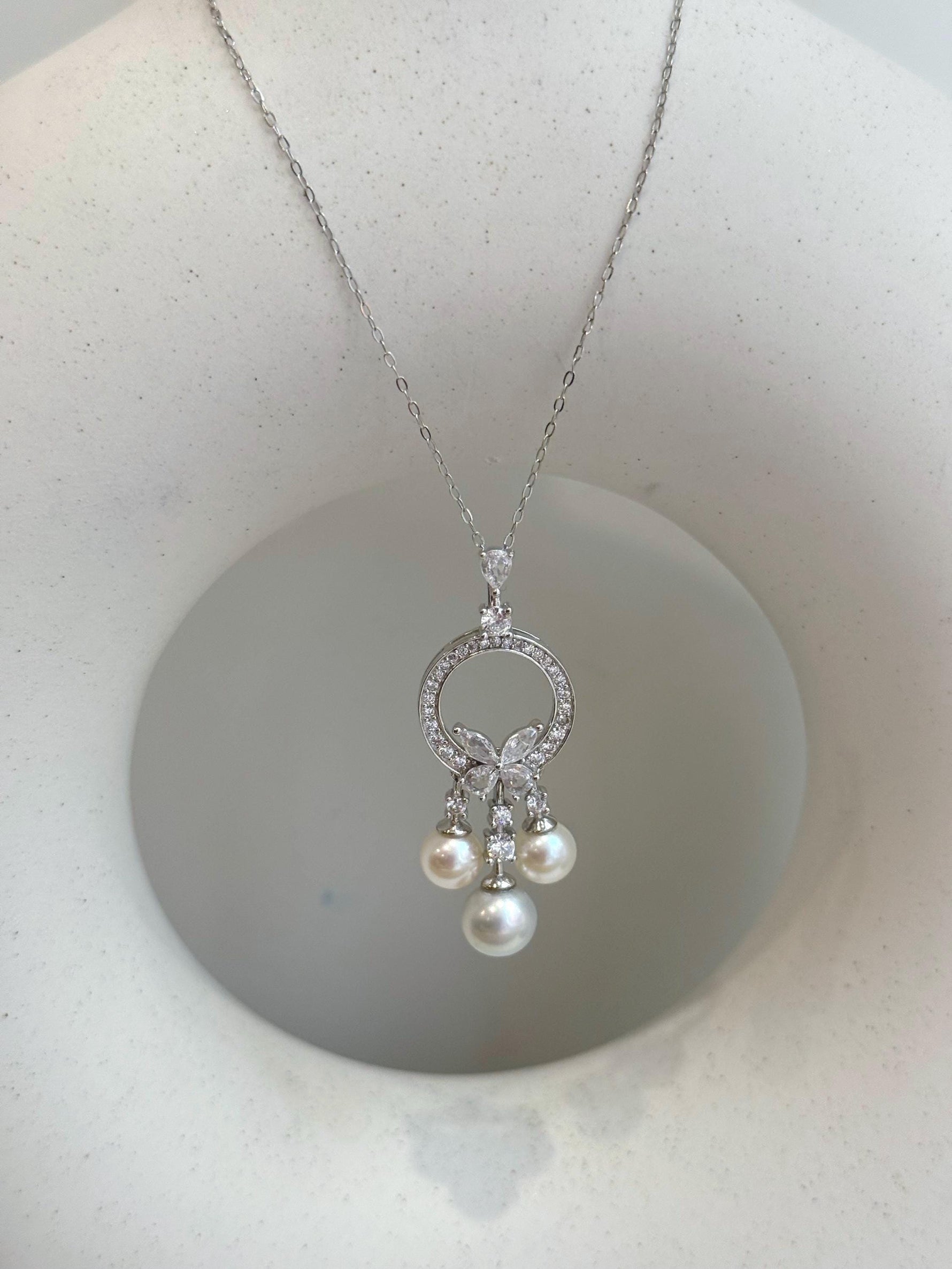 tri Akoya ocean peasls s925 silver floral pendant necklace set for her