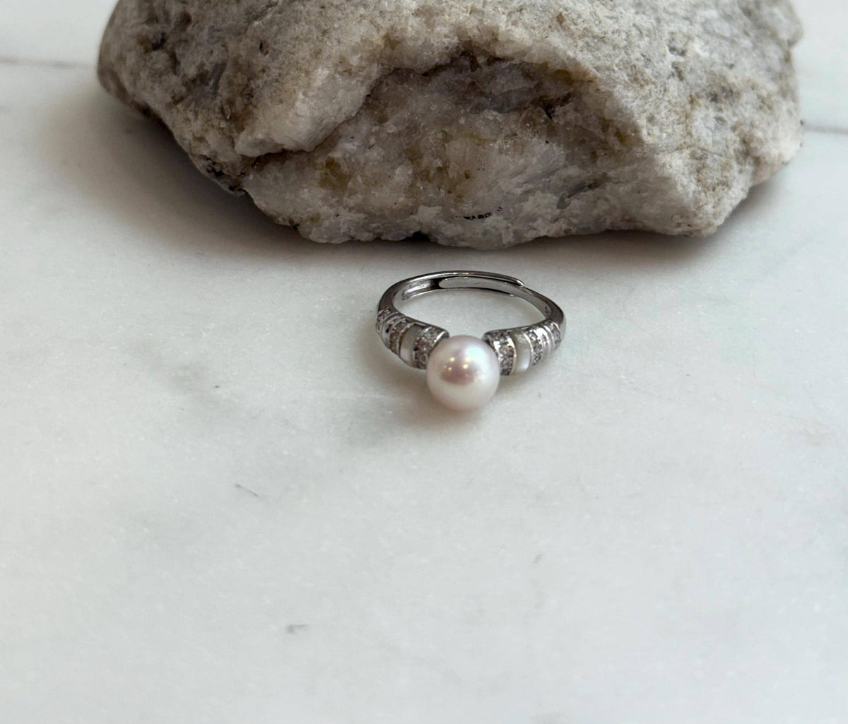 affordable Akoya Extreme luster Mirrored ivory Ocean natural Pearl s925 silver adjustable vintage Statement engagement Ring. Gift for her.