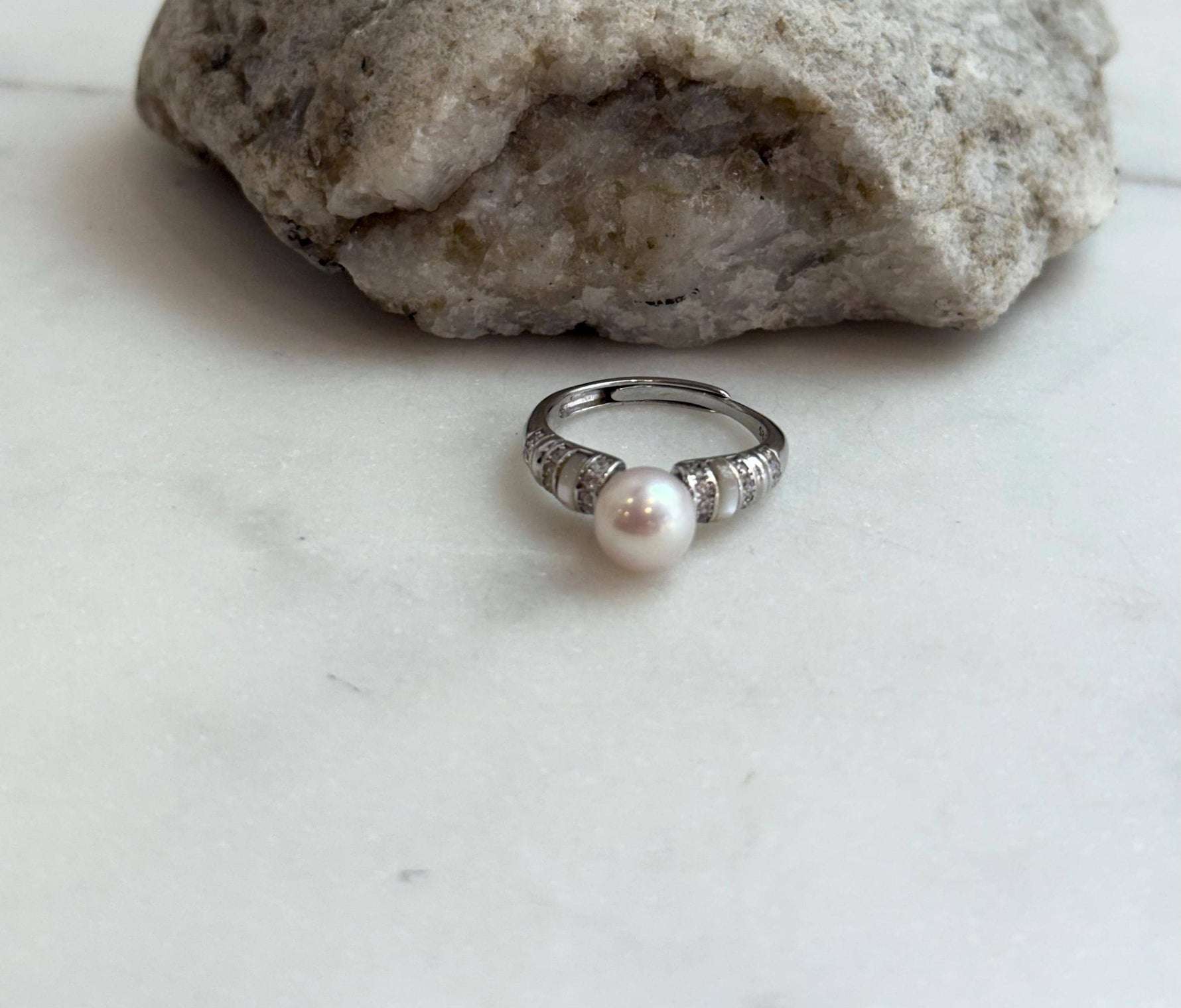 affordable Akoya Extreme luster Mirrored ivory Ocean natural Pearl s925 silver adjustable vintage Statement engagement Ring. Gift for her.