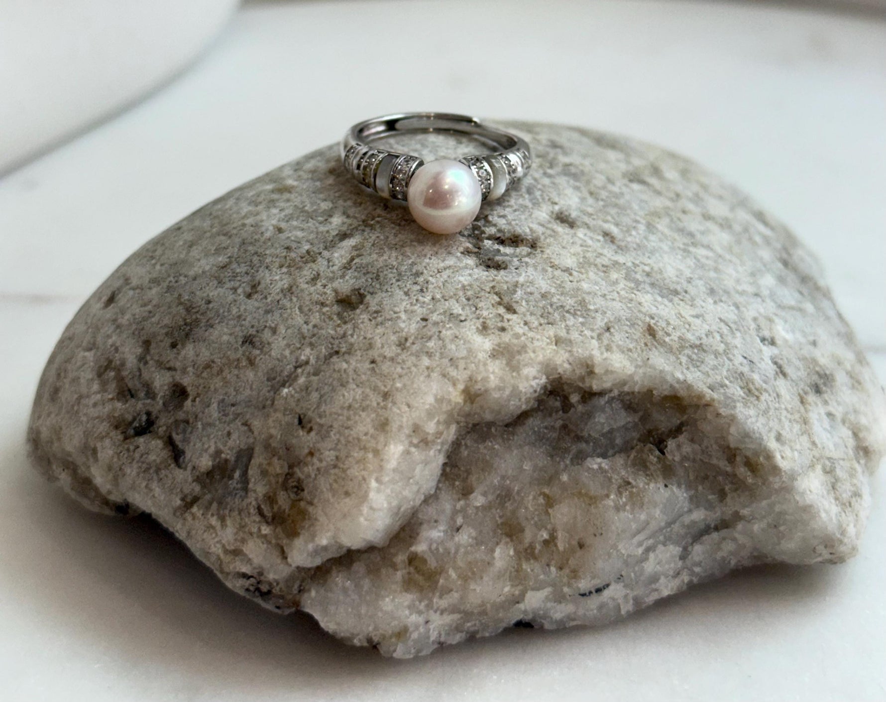 cheap Akoya Extreme luster Mirrored ivory Ocean natural Pearl s925 silver adjustable vintage Statement engagement Ring. Gift for her.