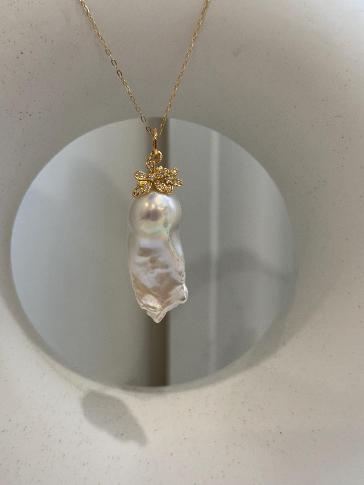 14.6x33mm InSale Extreme luster white iridescent smooth Baroque Pearl s925 silver floral pendant silver chain Necklace gift for her