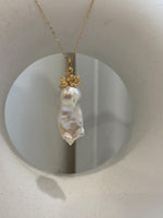 14.6x33mm InSale Extreme luster white iridescent smooth Baroque Pearl s925 silver floral pendant silver chain Necklace gift for her