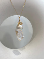 14.6x33mm InSale Extreme luster white iridescent smooth Baroque Pearl s925 silver floral pendant silver chain Necklace gift for her.