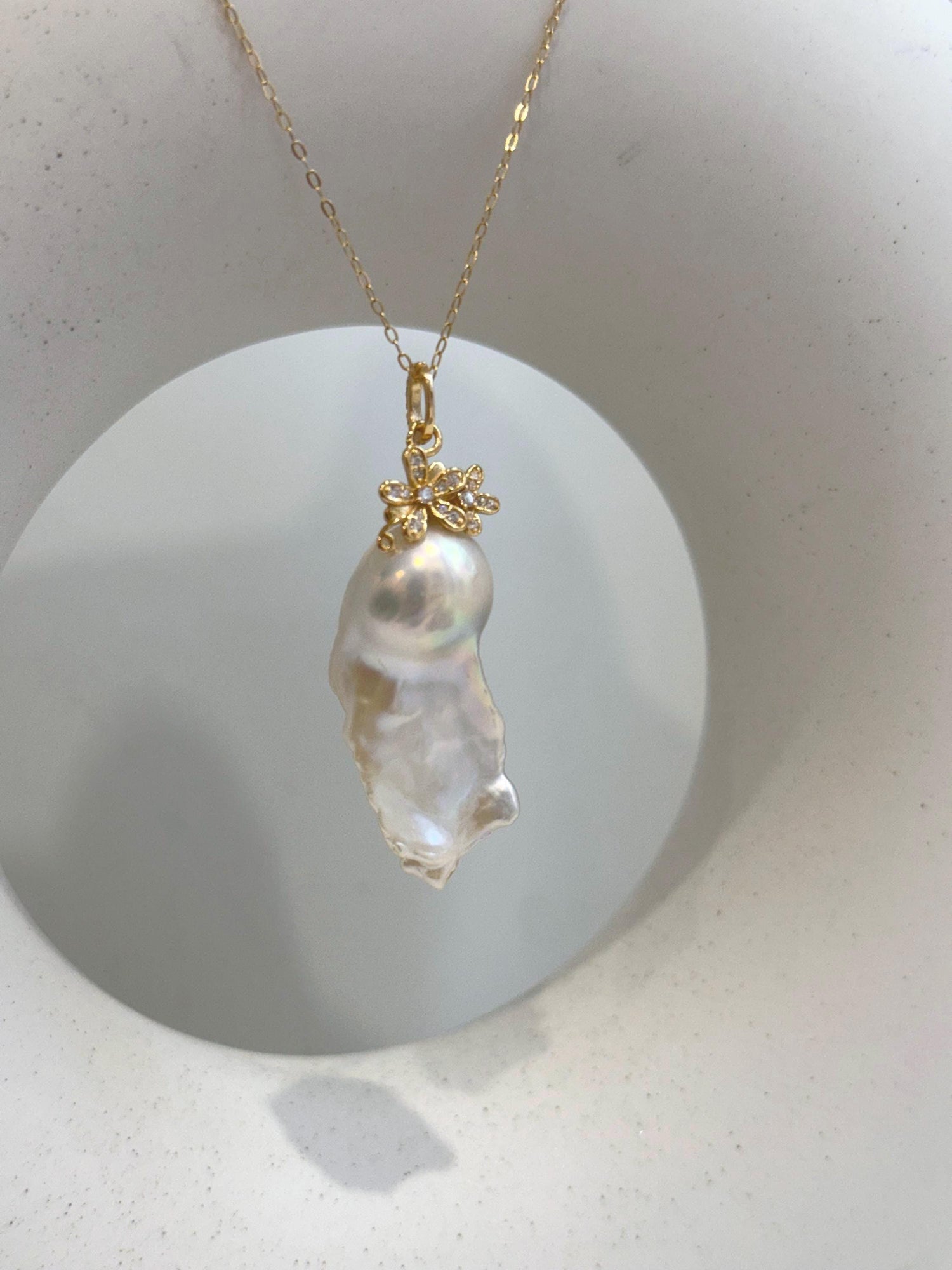 14.6x33mm InSale Extreme luster white iridescent smooth Baroque Pearl s925 silver floral pendant silver chain Necklace gift for her.