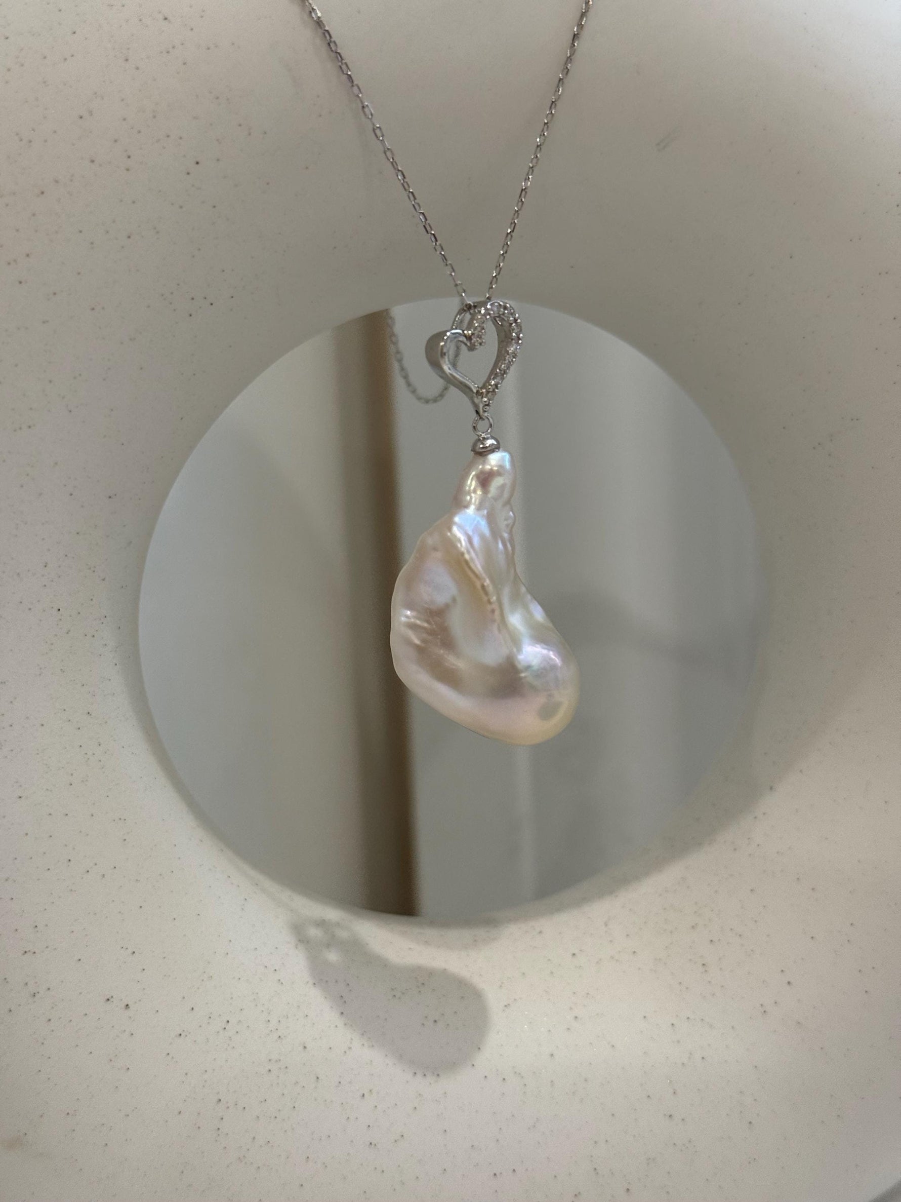 17.4x32mm InSale Extreme luster white iridescent smooth Baroque Pearl s925 silver heart pendant silver chain Necklace gift for her anniversary