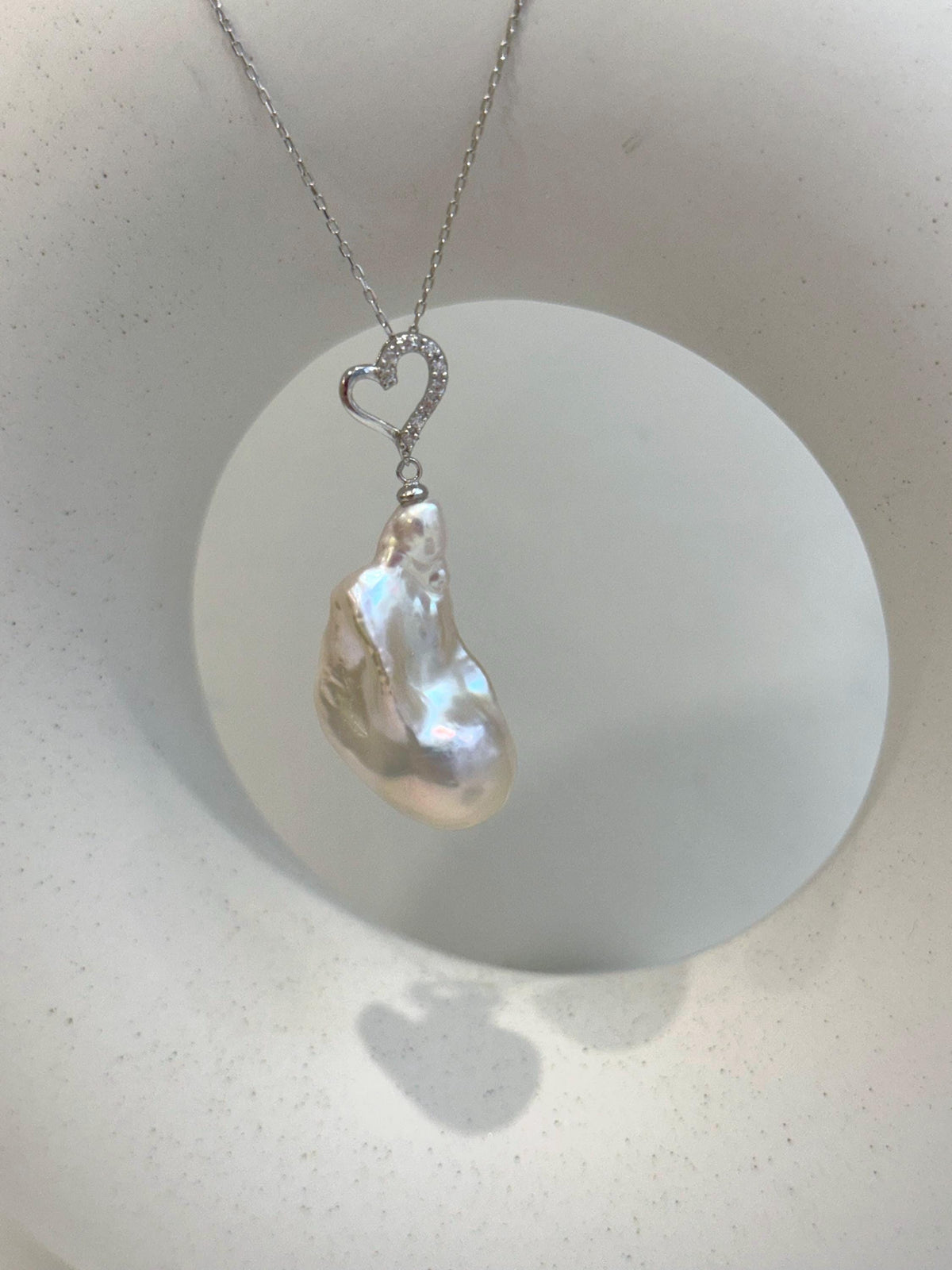 17.4x32mm InSale Extreme luster white iridescent smooth Baroque Pearl s925 silver heart pendant silver chain Necklace gift for her daily wear