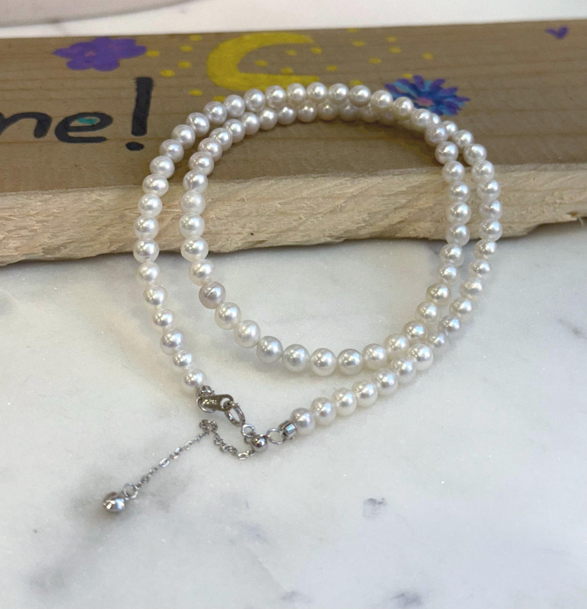 4.7-5.1mm Insale extremely strong luster Freshwater White round Pearl strand Necklace unique anniversary gift. To 17.9”