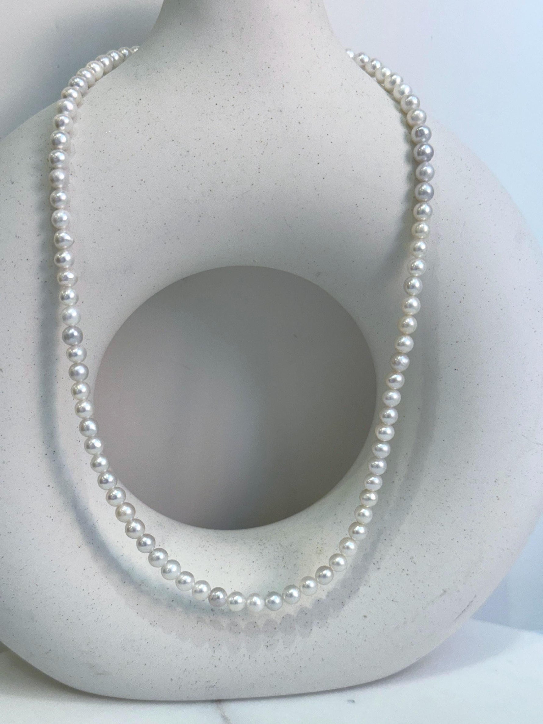 4.7-5.1mm Insale extremely strong luster Freshwater White round Pearl strand Necklace unique anniversary gift. To 17.9”
