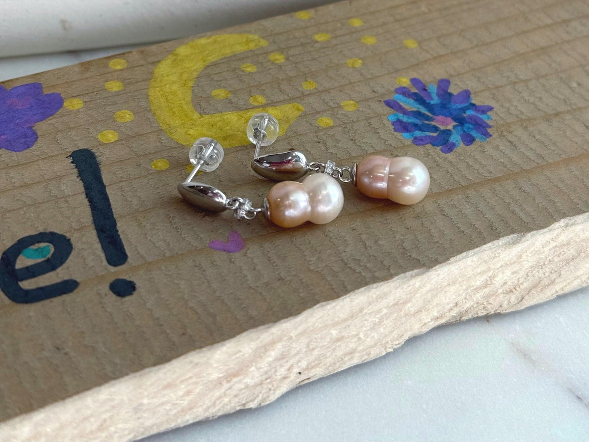 Strong Luster pink rose Peanut Keshi pearls S925 silver earrings hoops drop daily office Earrings. 7.7-7.9mm