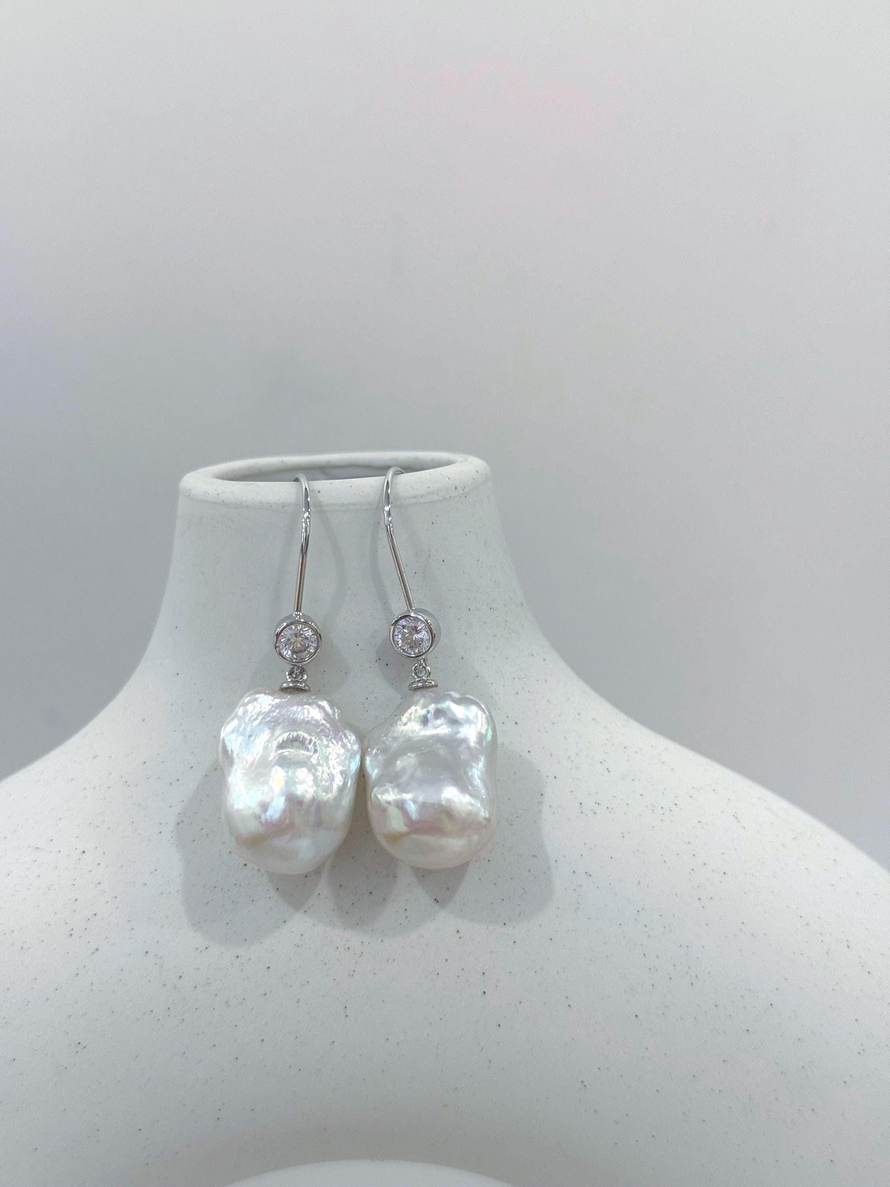 White Iridescent Baroque Pearls Earrings hooks for her