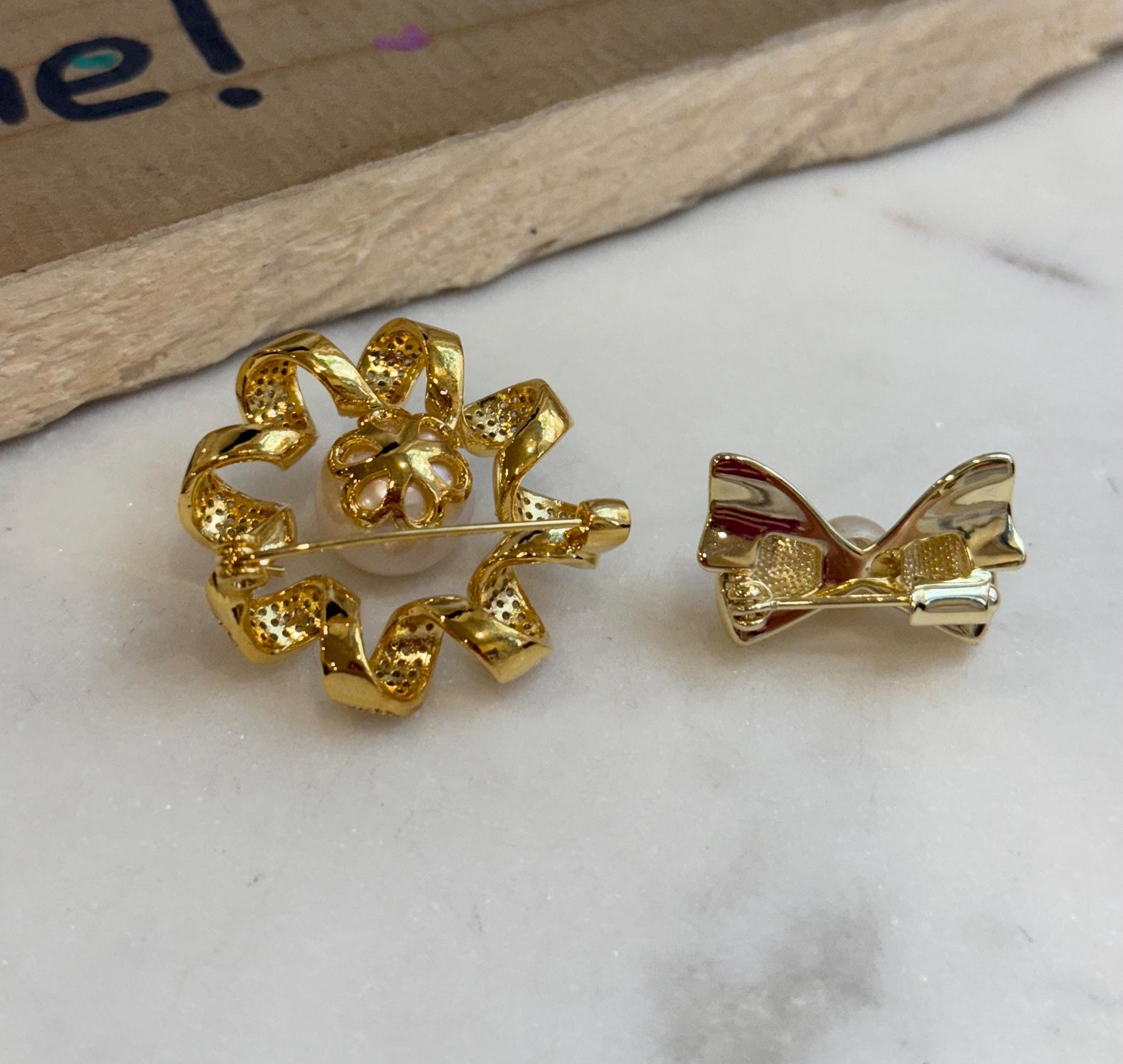 2 Brooches 12.5mm White Edison floral + 7.5mm Akoya Off White Pearl butterfly bow Broochs Gift Happiness Meanful mom teacher gift.