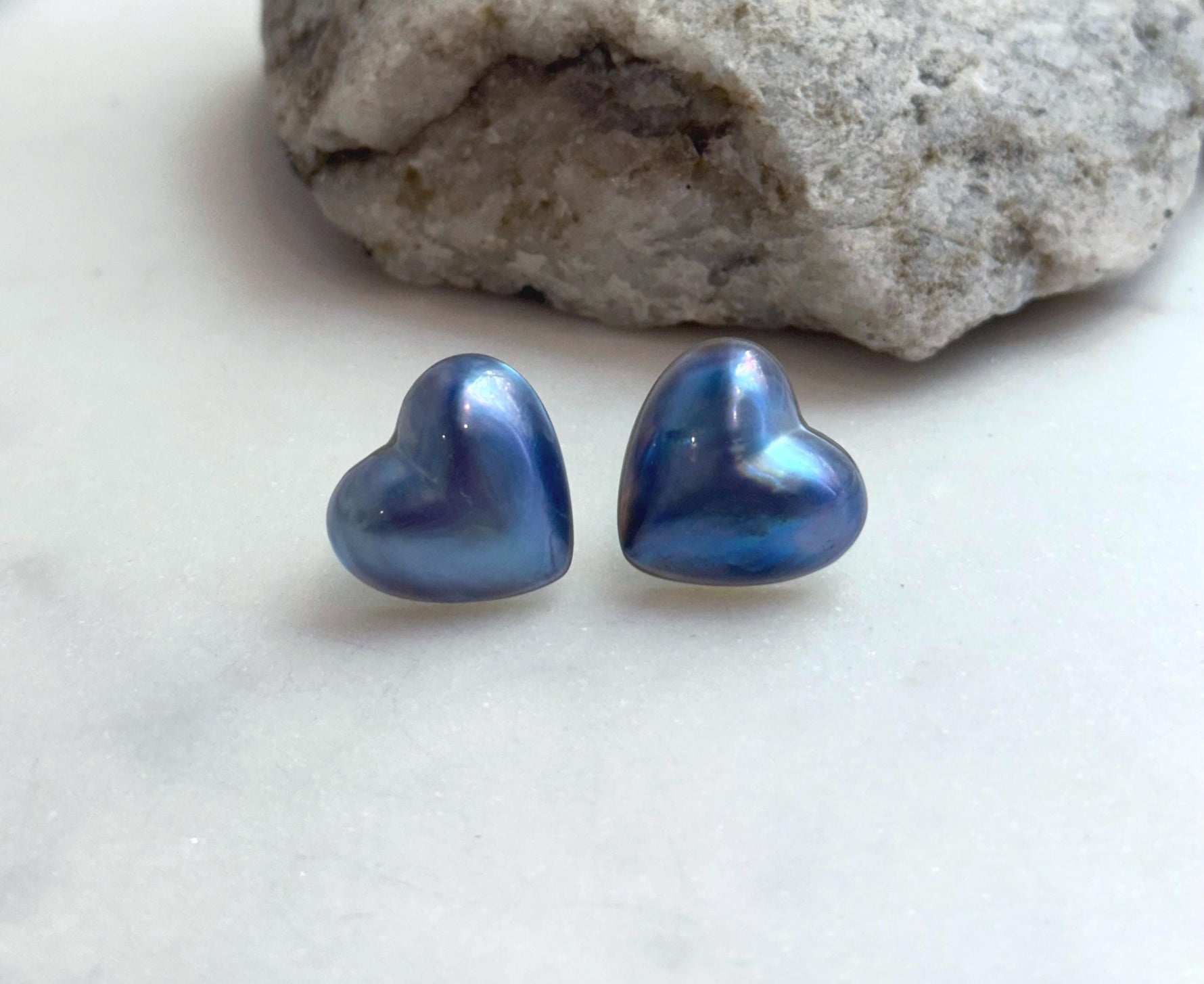Insale strong luster sky blue purple iridescent heart ocean Mabe earrings S925 silver minimalist earrings. Gift for her anniversary.
