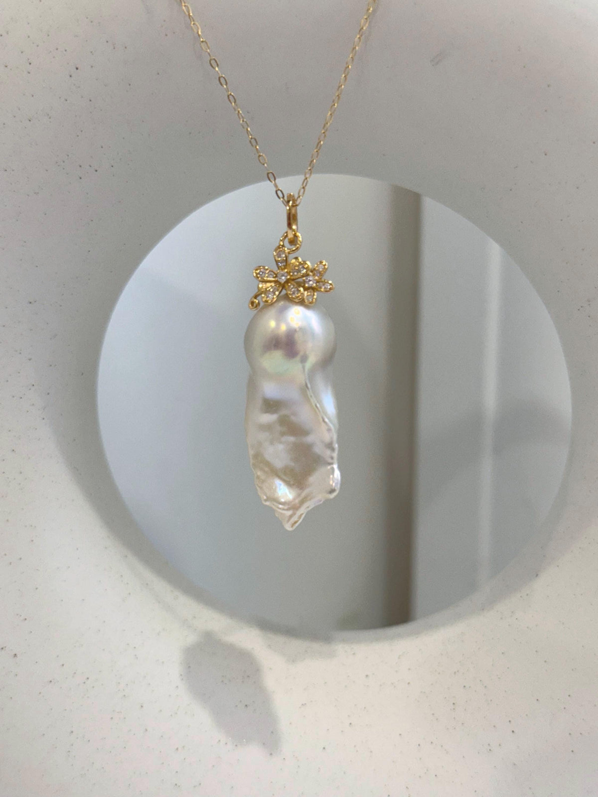 14.6x33mm InSale Extreme luster white iridescent smooth Baroque Pearl s925 silver floral pendant silver chain Necklace gift for her anniversary