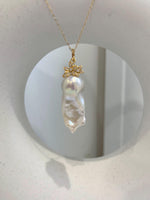 14.6x33mm InSale Extreme luster white iridescent smooth Baroque Pearl s925 silver floral pendant silver chain Necklace gift for her anniversary