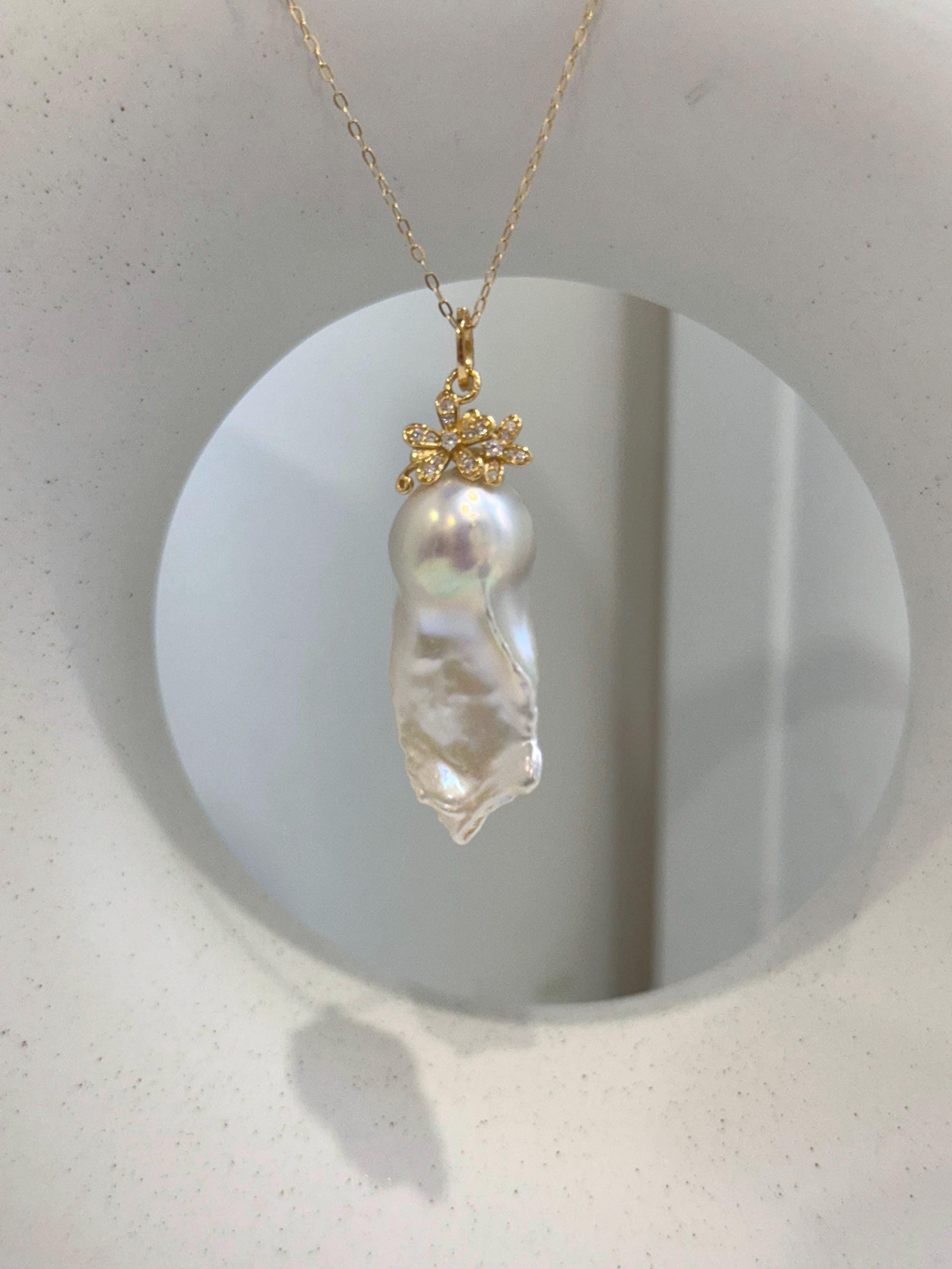 14.6x33mm InSale Extreme luster white iridescent smooth Baroque Pearl s925 silver floral pendant silver chain Necklace gift for her anniversary